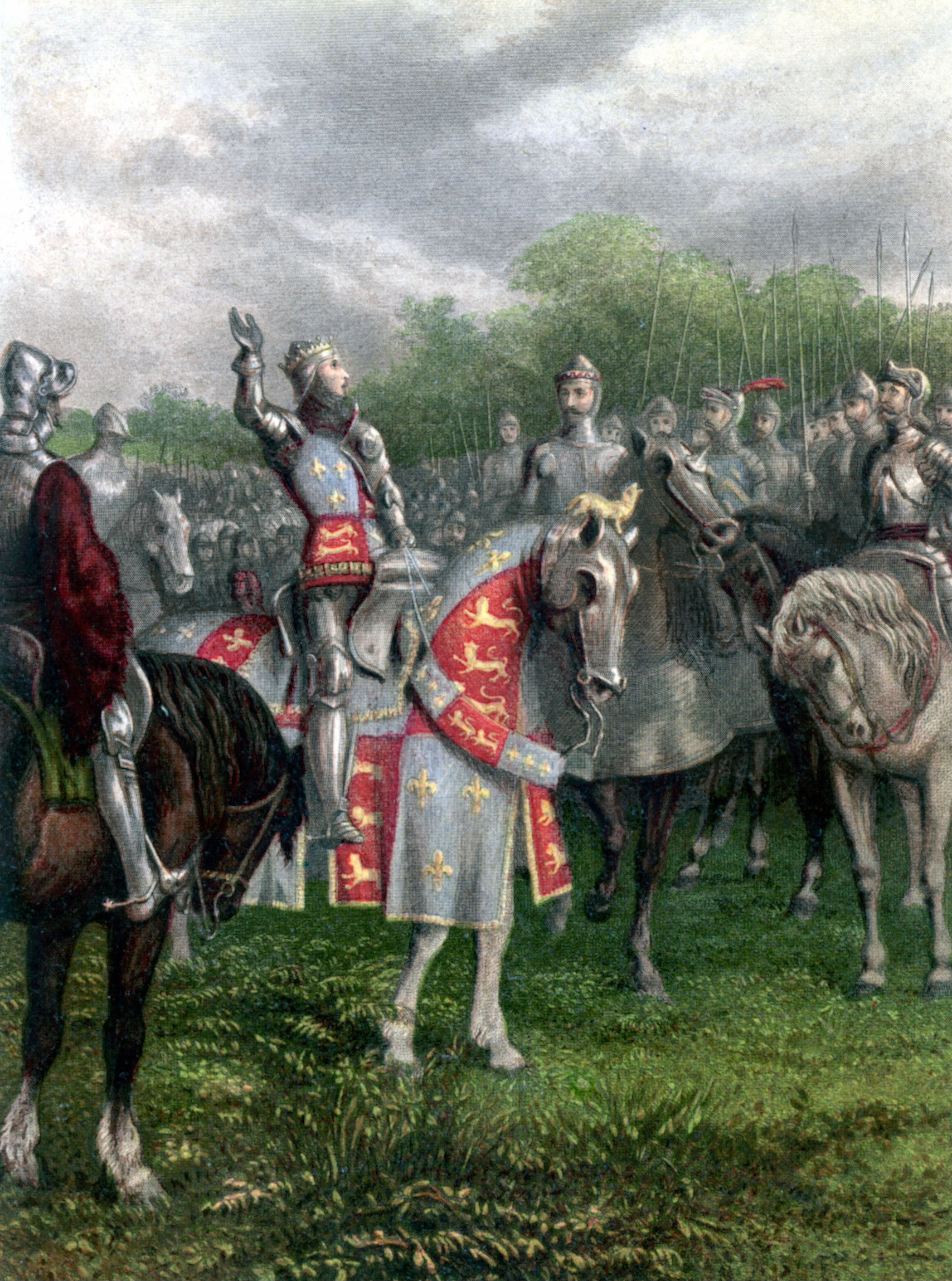 England's Henry V among his troops at Agincourt during Hundred Years War.