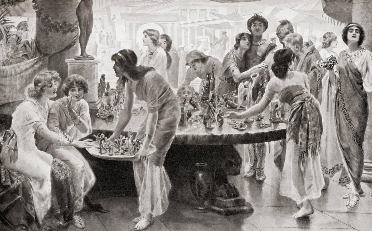 A market scene in ancient Pompeii , Italy, before its destruction in the eruption of Mount Vesuvius