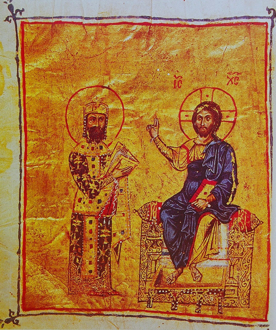 Miniature of the Byzantine Emperor Alexios I Komnenos, being blessed by Christ