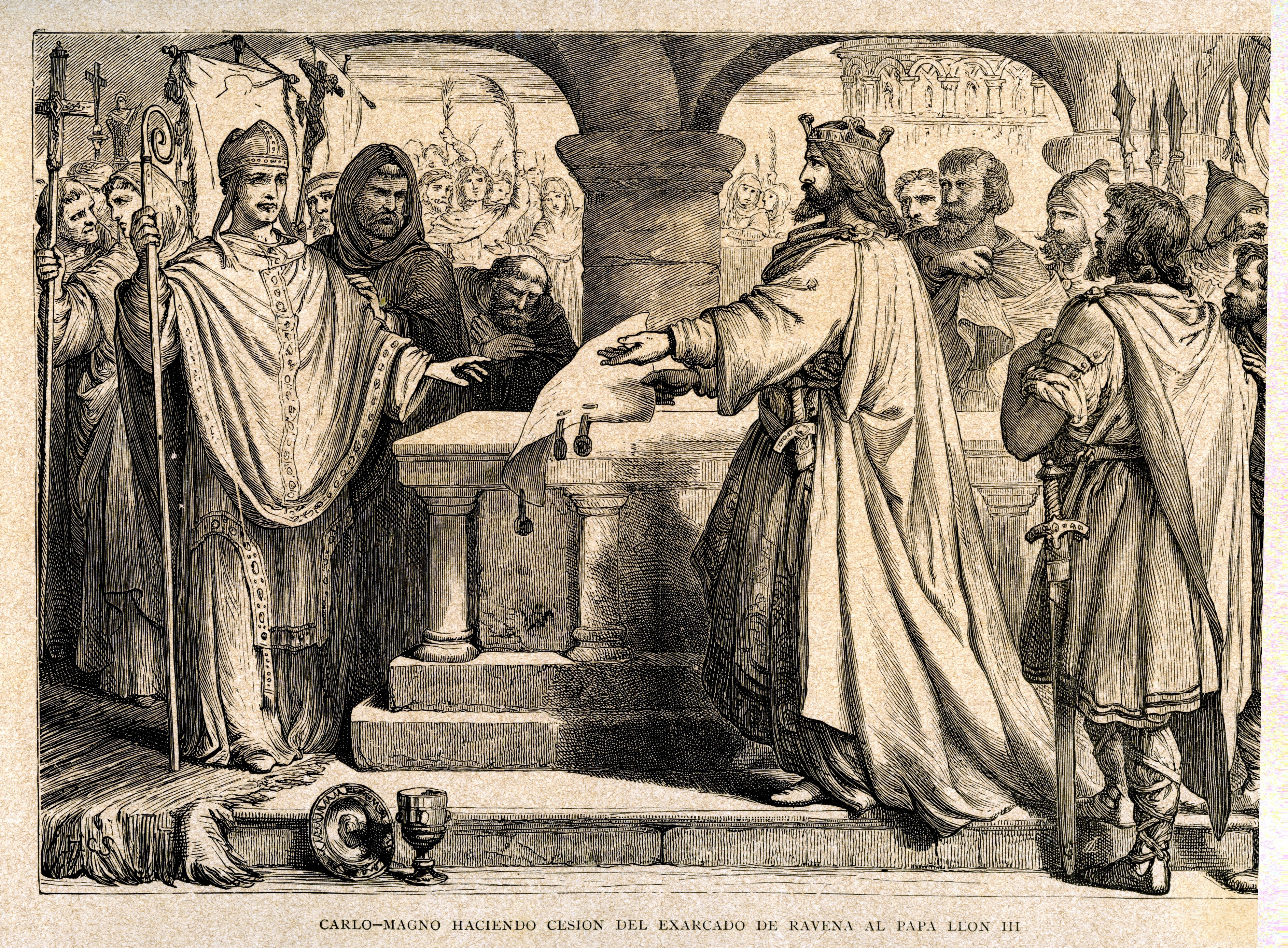 Charlemagne ceding the exarchate of Ravenna to Pope Leo III