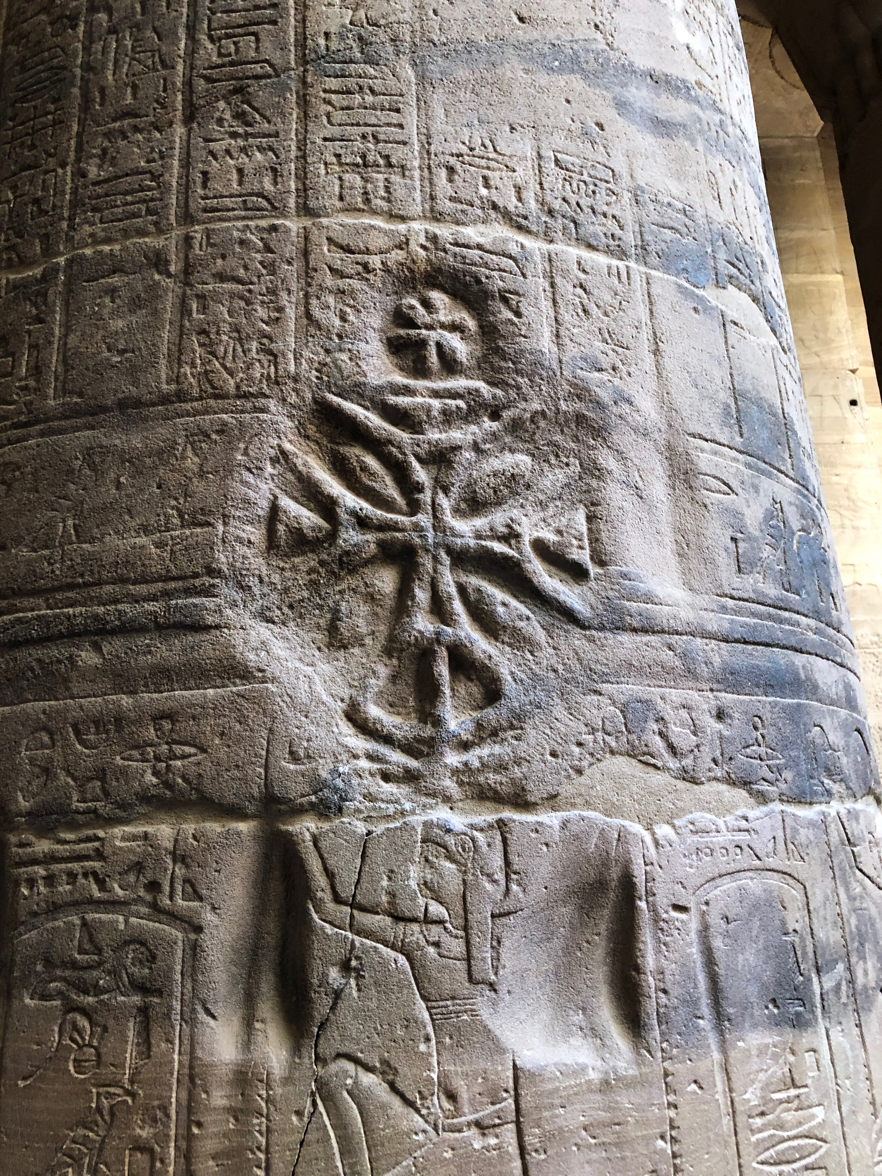 Egypt, Agilkia Island, Philae Complex, Temple of Isis, Hypostyle hall, Cross drawn by Christians over hieroglyphs