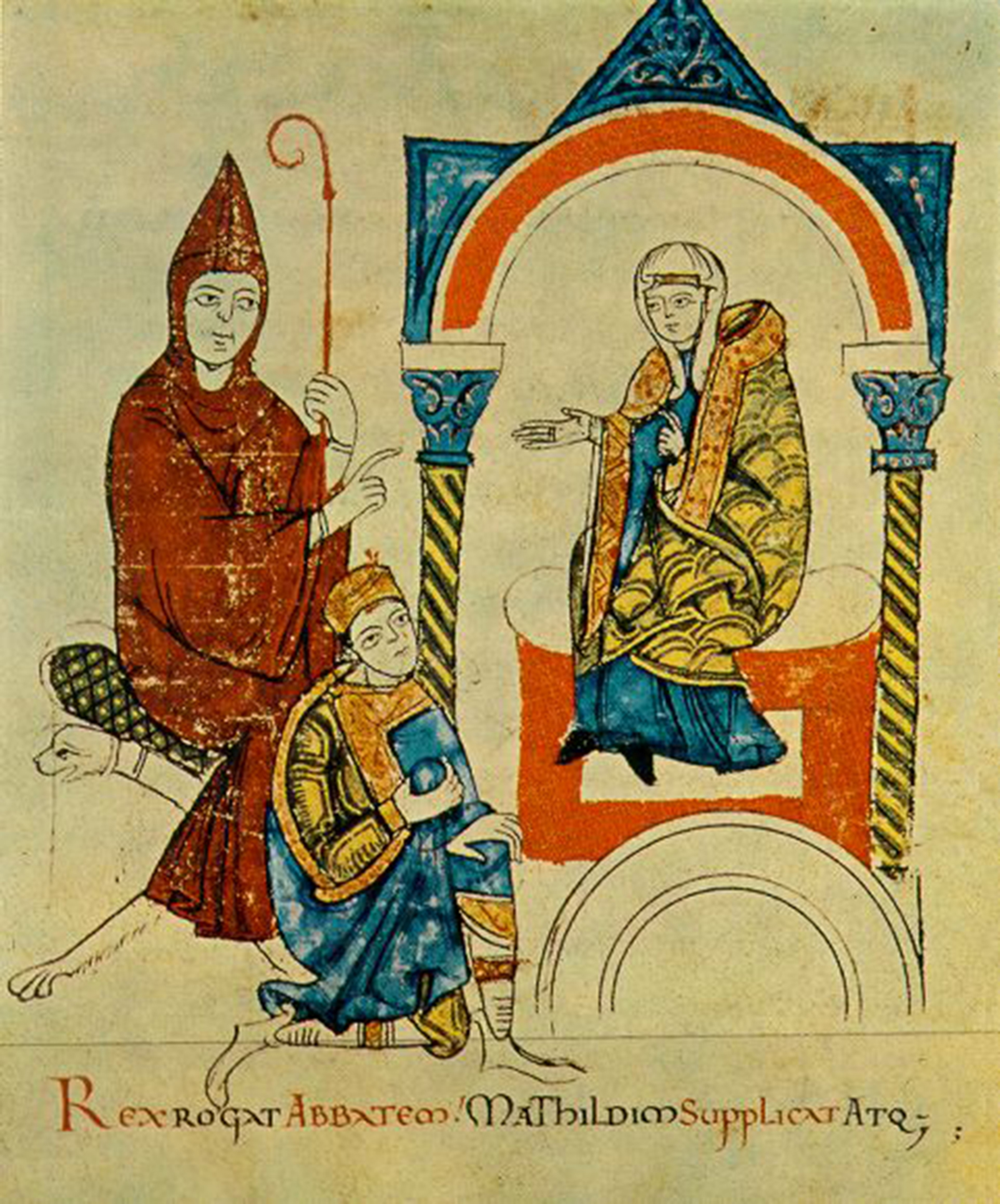 King [Holy Roman Emperor Henry IV ] prays to abbot [Hugh of Cluny], and pleads with Matilda [of Canossa], from Vita Mathildis