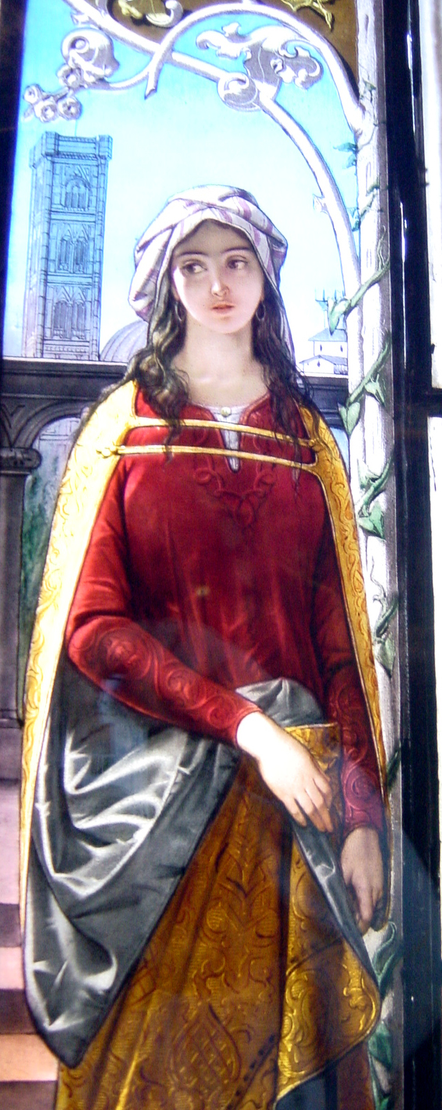 Dantesque woman (Beatrice) Stained glass window (19th century) in the Poldi Pezzoli Museum in Milan, Italy