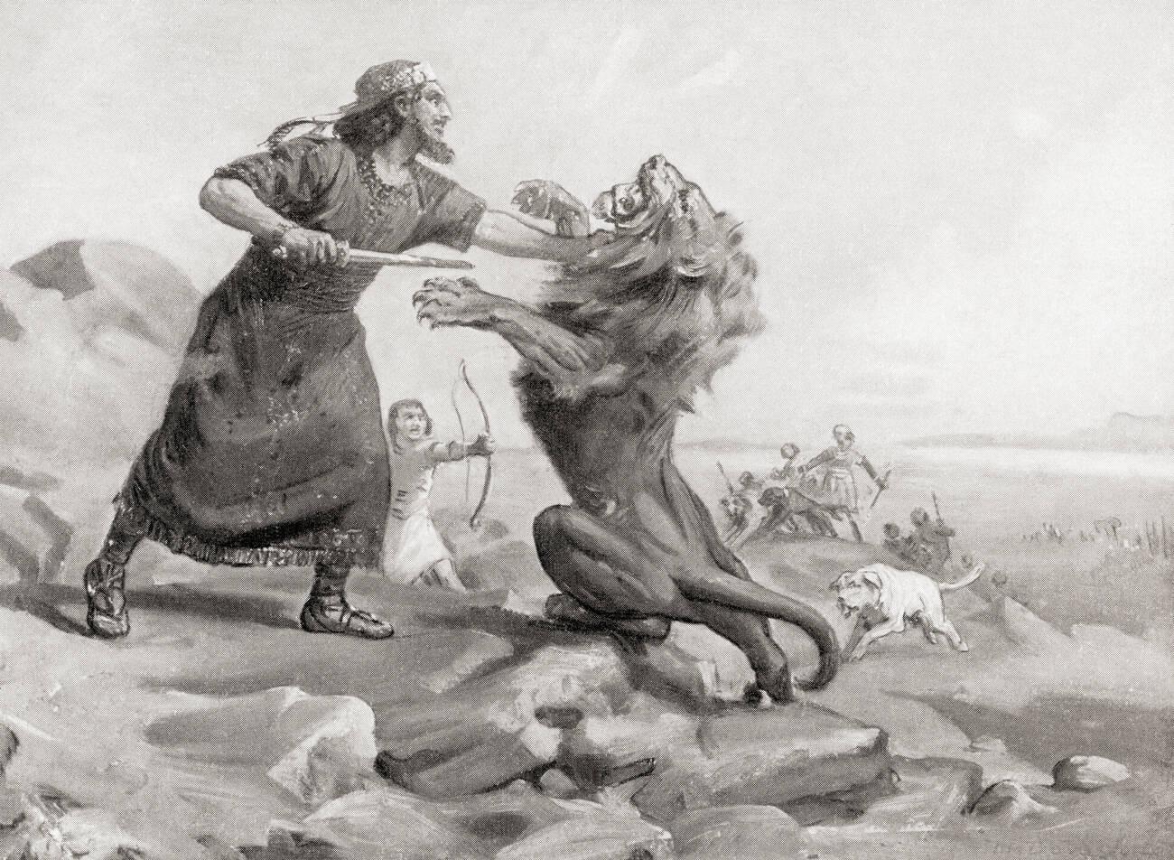 Tiglath-Pileser slaying a lion. Tiglath-Pileser I, king of Assyria during the Middle Assyrian period (1114