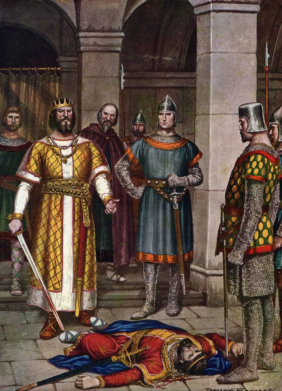 The death of Odoacer (433-493), patrician of Italy, killed by the king of the Ostrogoths, Theodoric, on 0316493 in Ravenna, Italy