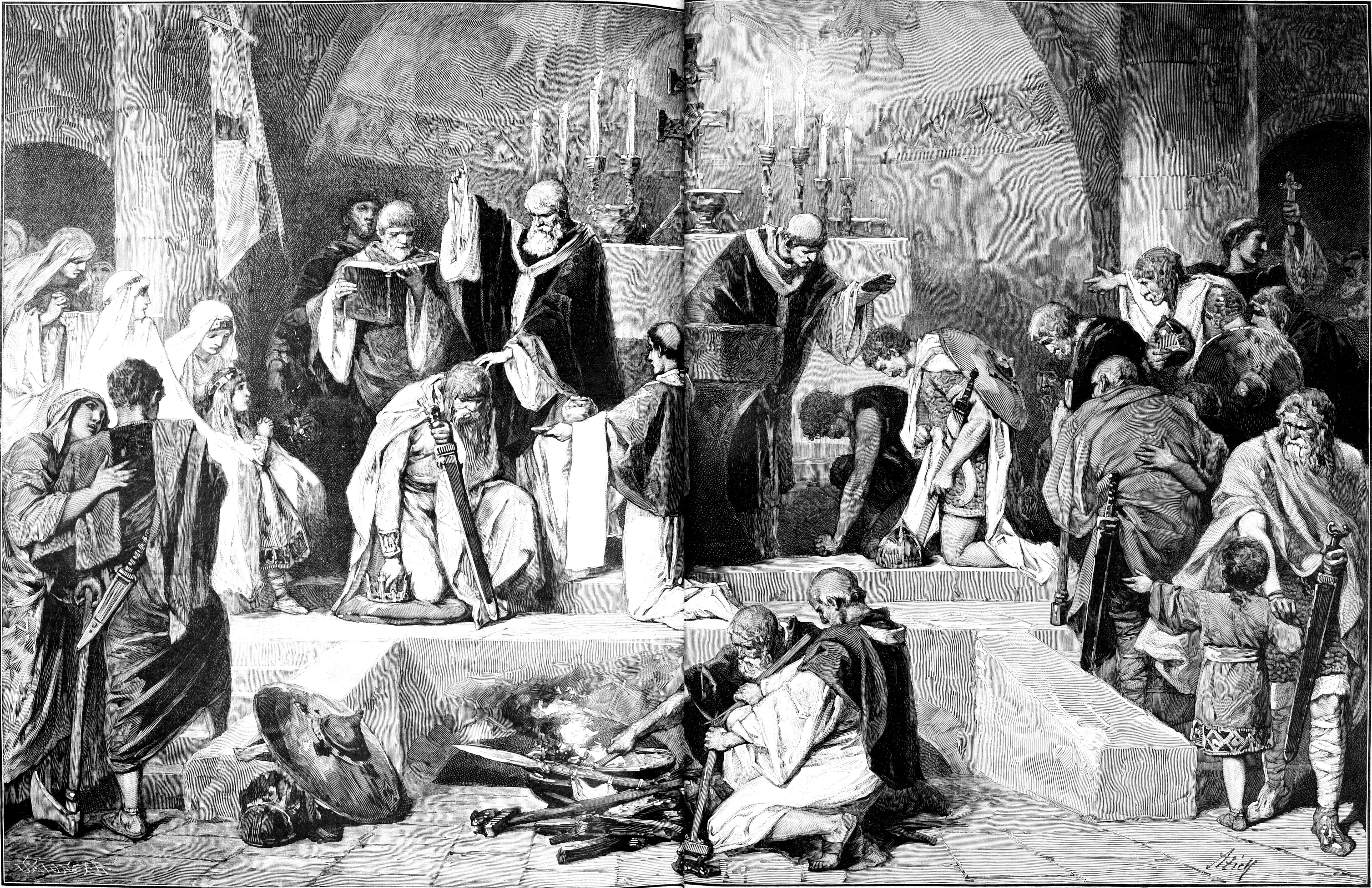 The baptism of the Frankish king Clovis in Rheims on Christmas Day After an original drawing by A Zick