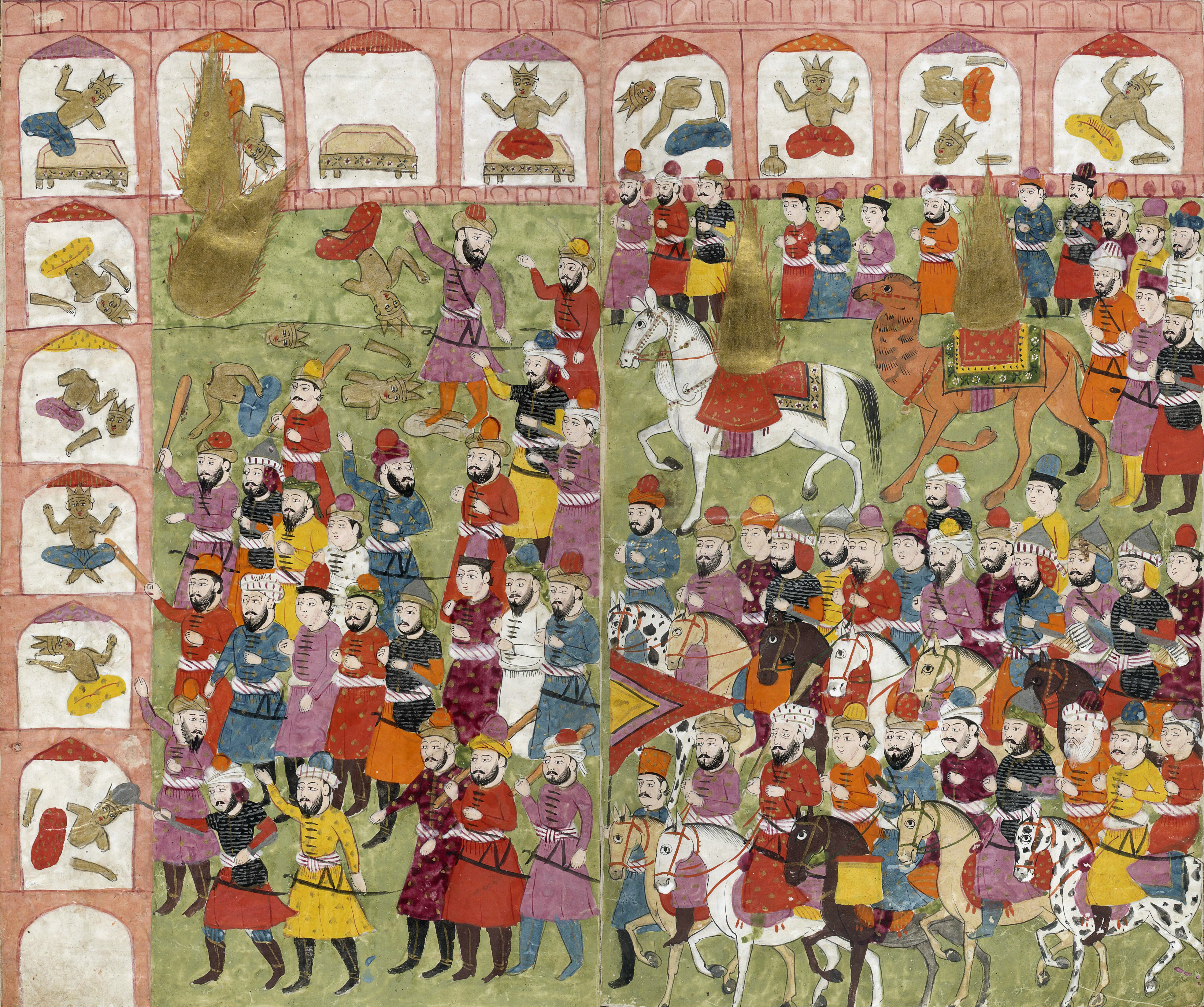 Muhammad and Ali (golden flames) leading the Muslim army in their destruction of Meccan idols