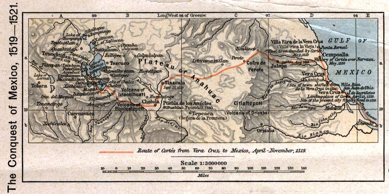 to 1521-8 route of the Spanish conquest of the Aztec Empire — taken in Central Mexico by Hernando Cortés Historical Atlas by William R. Shepherd1926