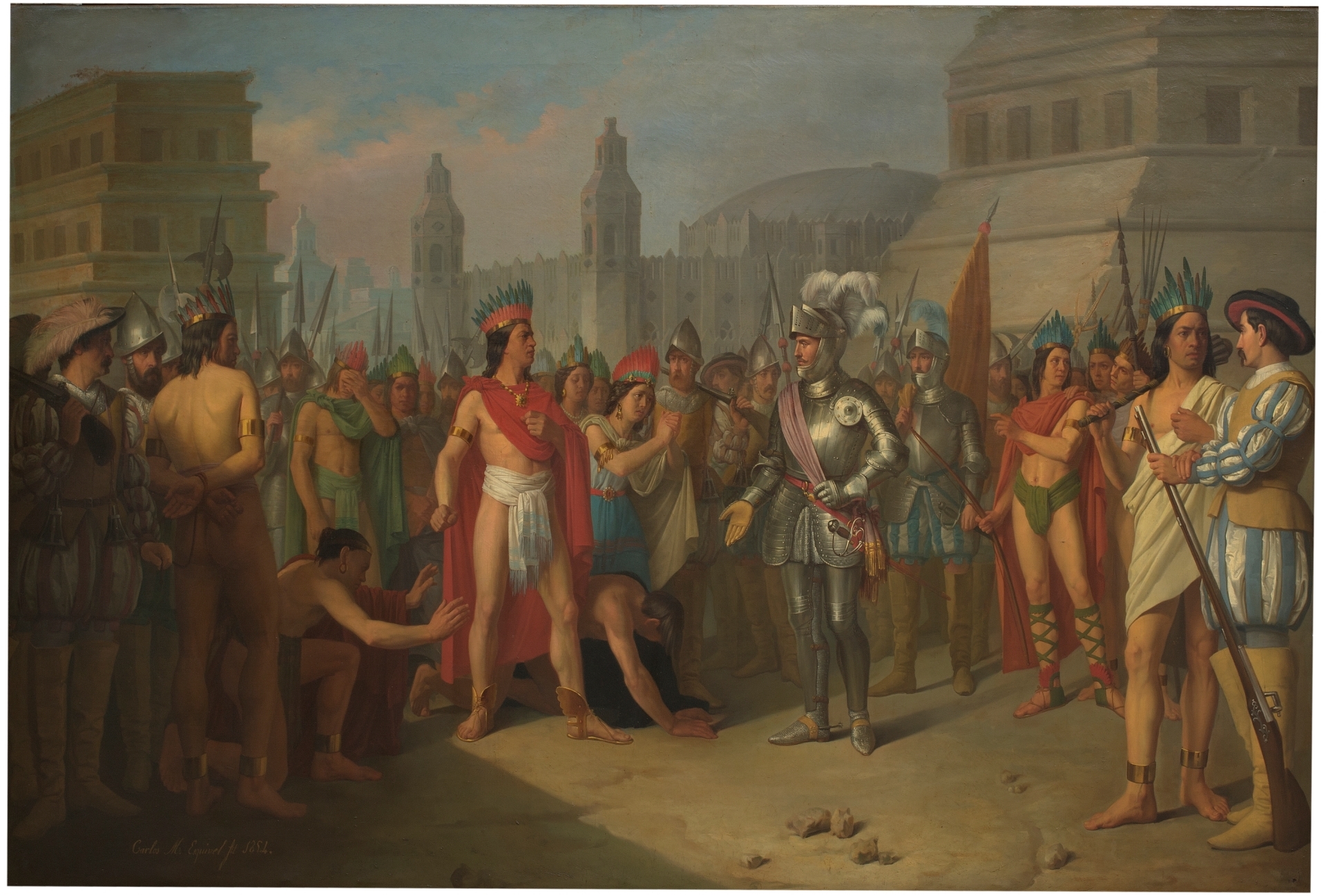 Imprisonment of Guatimocín by the troops of Hernán Cortés, and his presentation to the latter in the plaza of Mexico