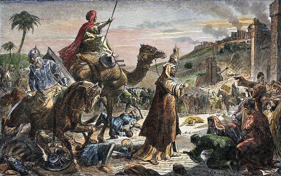 The entrance of Caliph Umar (581-644) into Jerusalem, colored engraving, 19th century