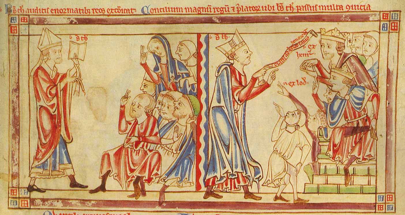Becket excoms his enemies,(Right) Becket pleads his case before Henry & LouisMatthew Paris