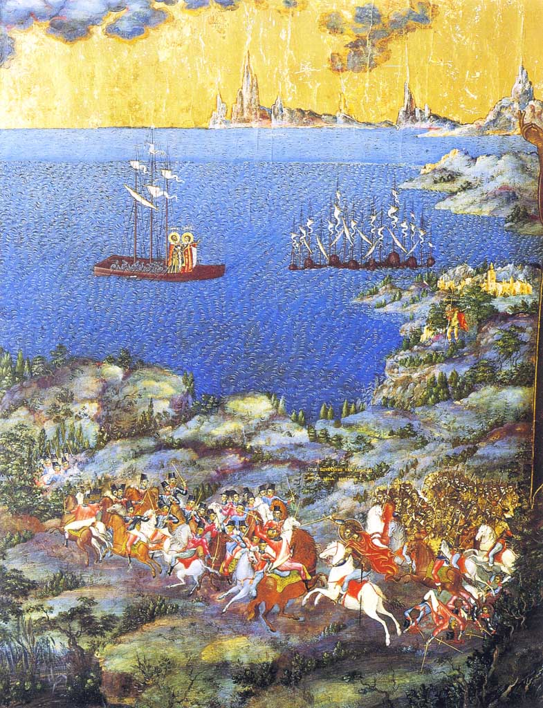 The Battle of the Neva, Saints Boris and Gleb in a boat. Fragment of the icon Alexander Nevsky with Scenes from his Life