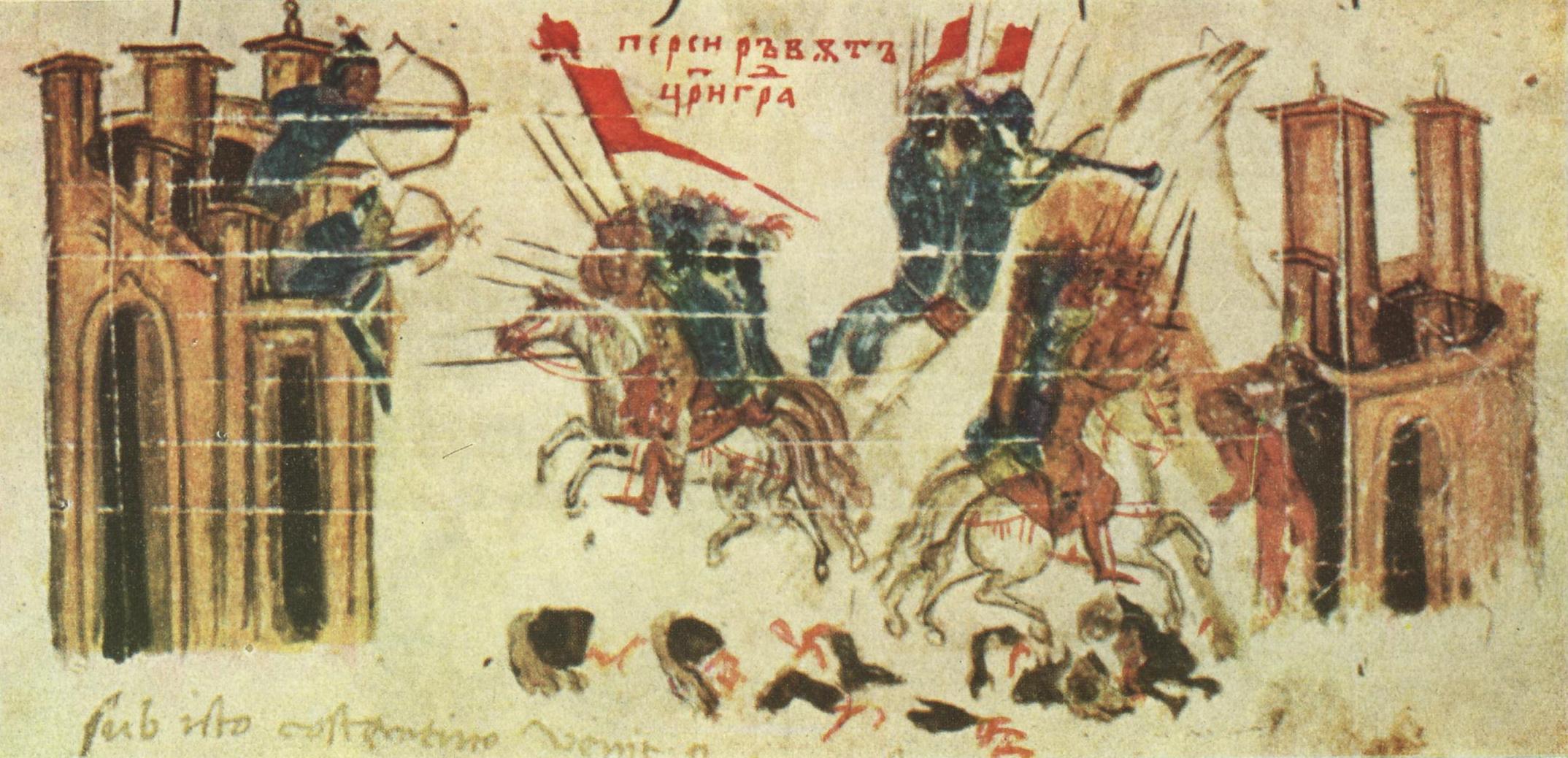 Emperor Heraclius attacks a Persian fortress, while the Persians attack Constantinople