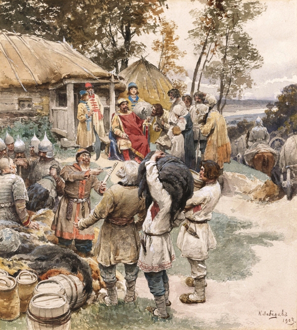 Russian knyaz Igor collects tribute from the Drevlyans Klavdy Lebedev