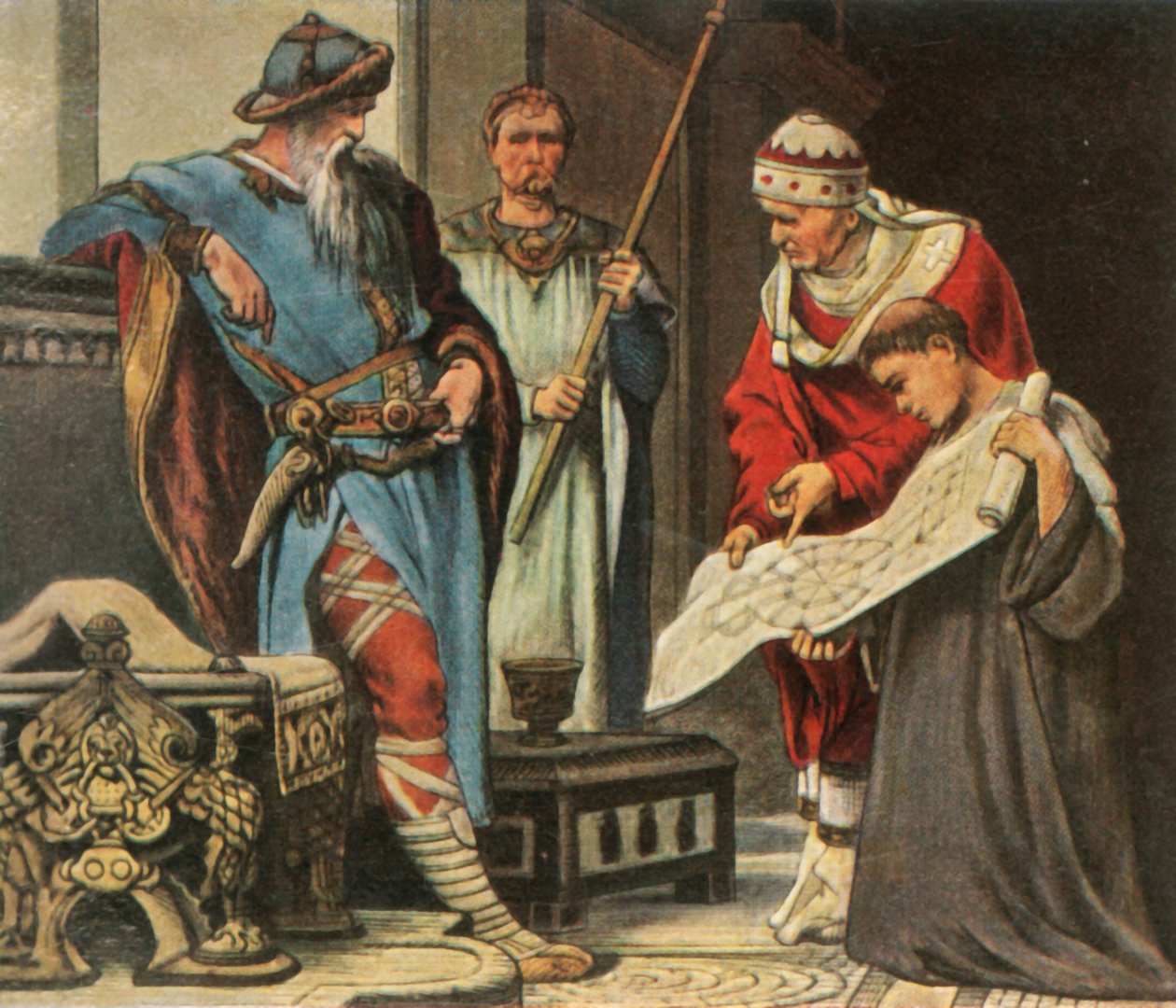 Charlemagne is shown plans for the Palatine Chapel in Aachen