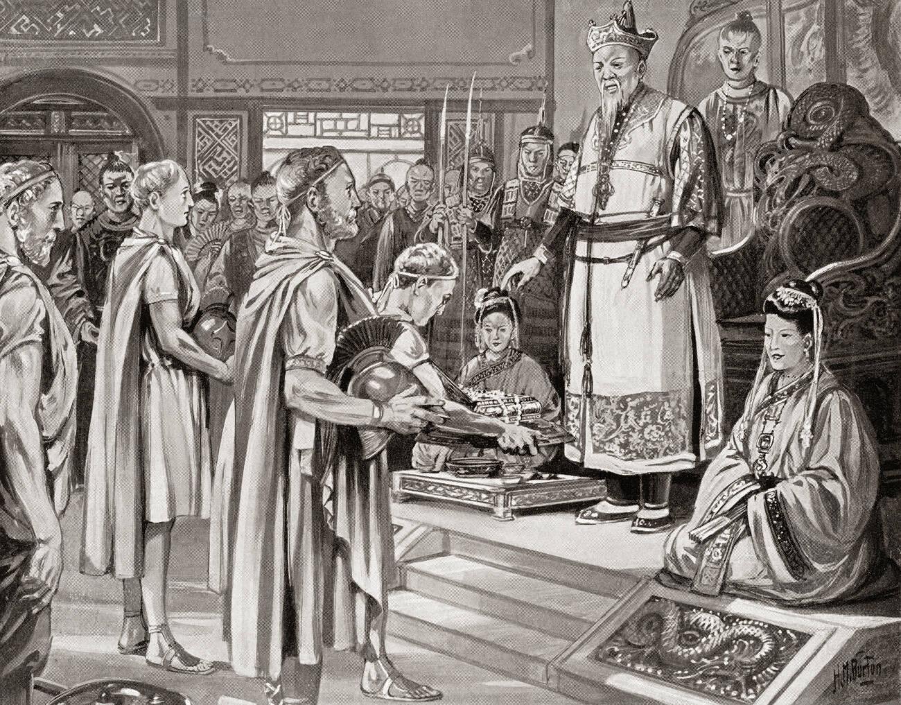 Emperor Daizong receives envoys in court from the Byzantine Emperor