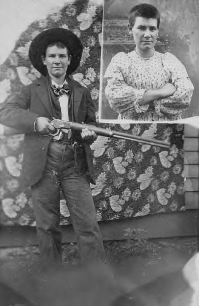 Cora Hubbard in men's clothing holding a shotgun with a smaller photo in right corner of Cora in a dress, approximately