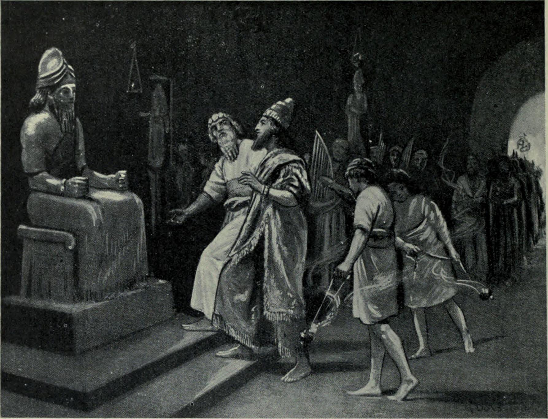 Assyrian king Tukulti-Ninurta I in the temple of the god Marduk.