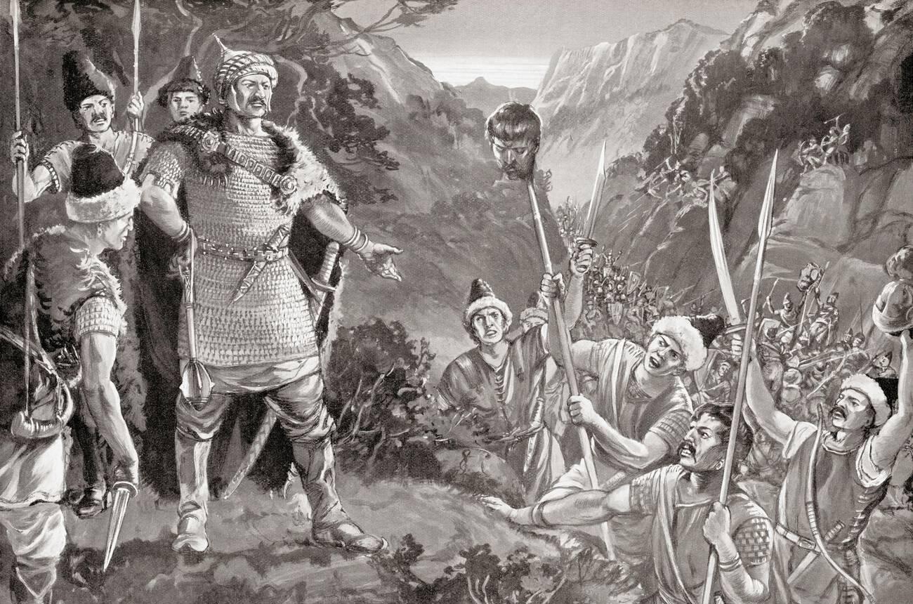 Krum Khan of Bulgaria presented with the head of Nicephorus I after the Battle of Pliska