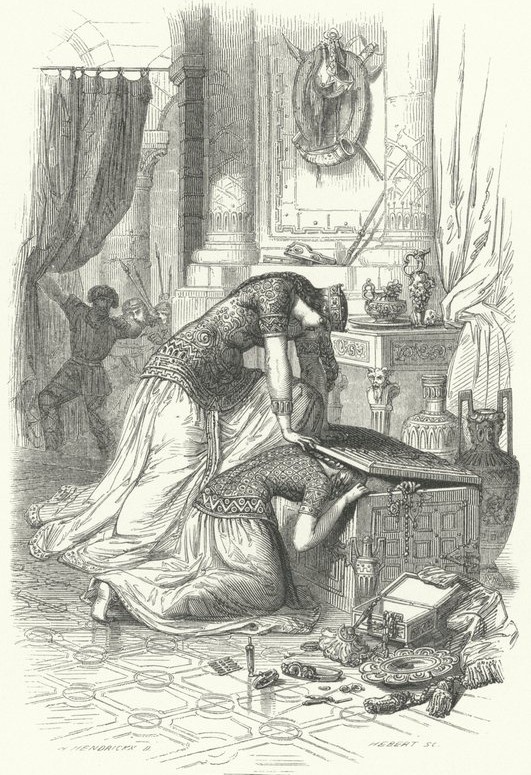 Fredegund, Queen of Chilperic I, attempting to kill her daughter Rigunth