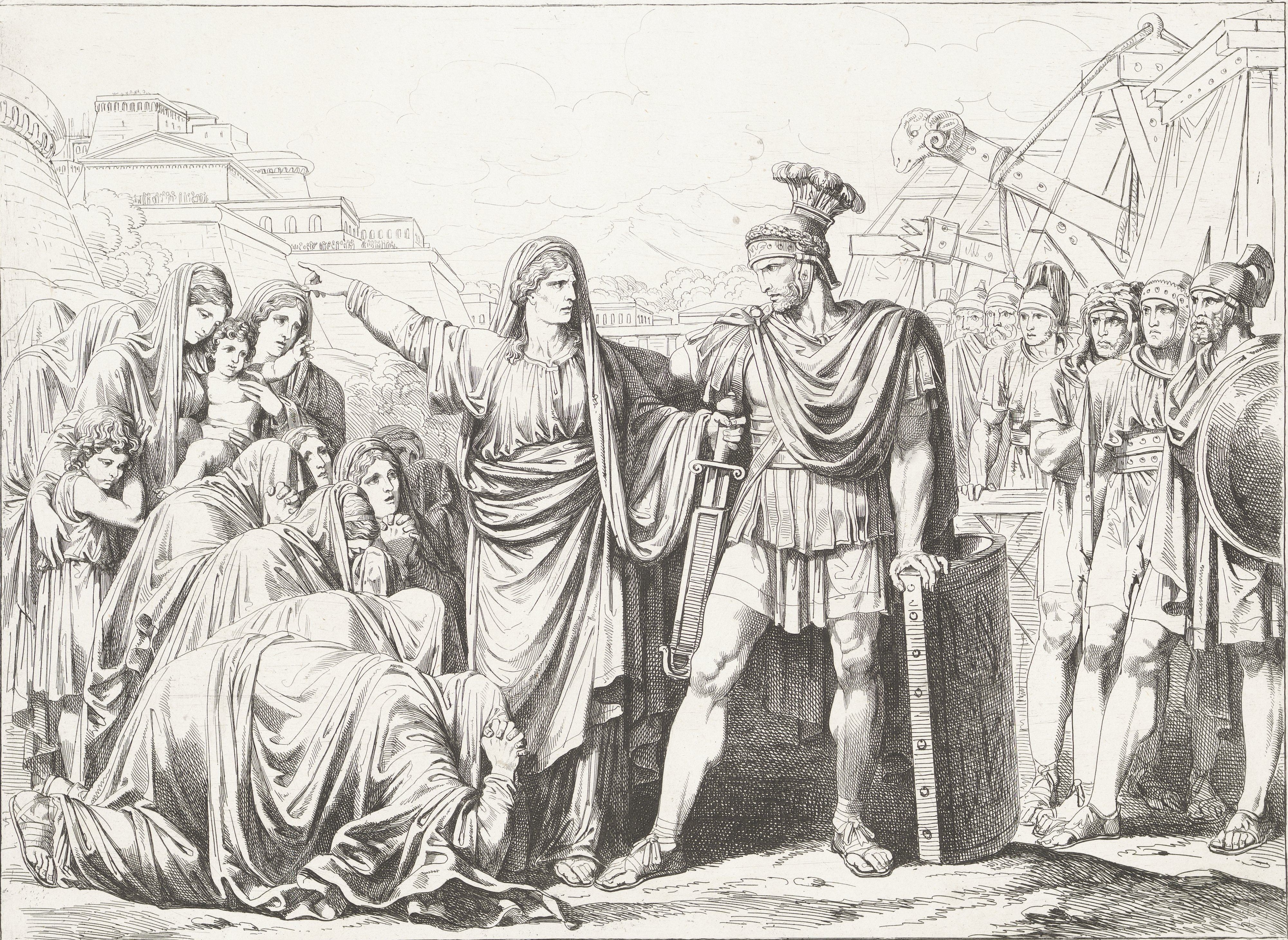 Coriolanus is disarmed by Veturia
