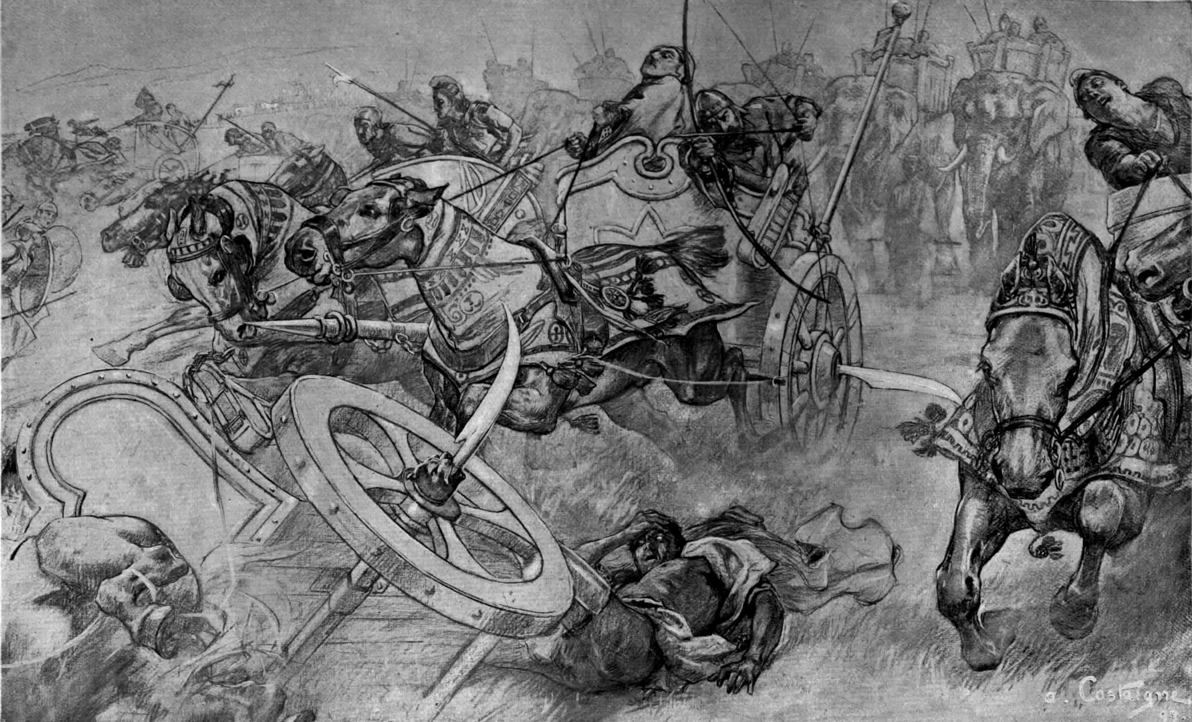 The charge of the Persian scythed chariots at the battle of Gaugamela