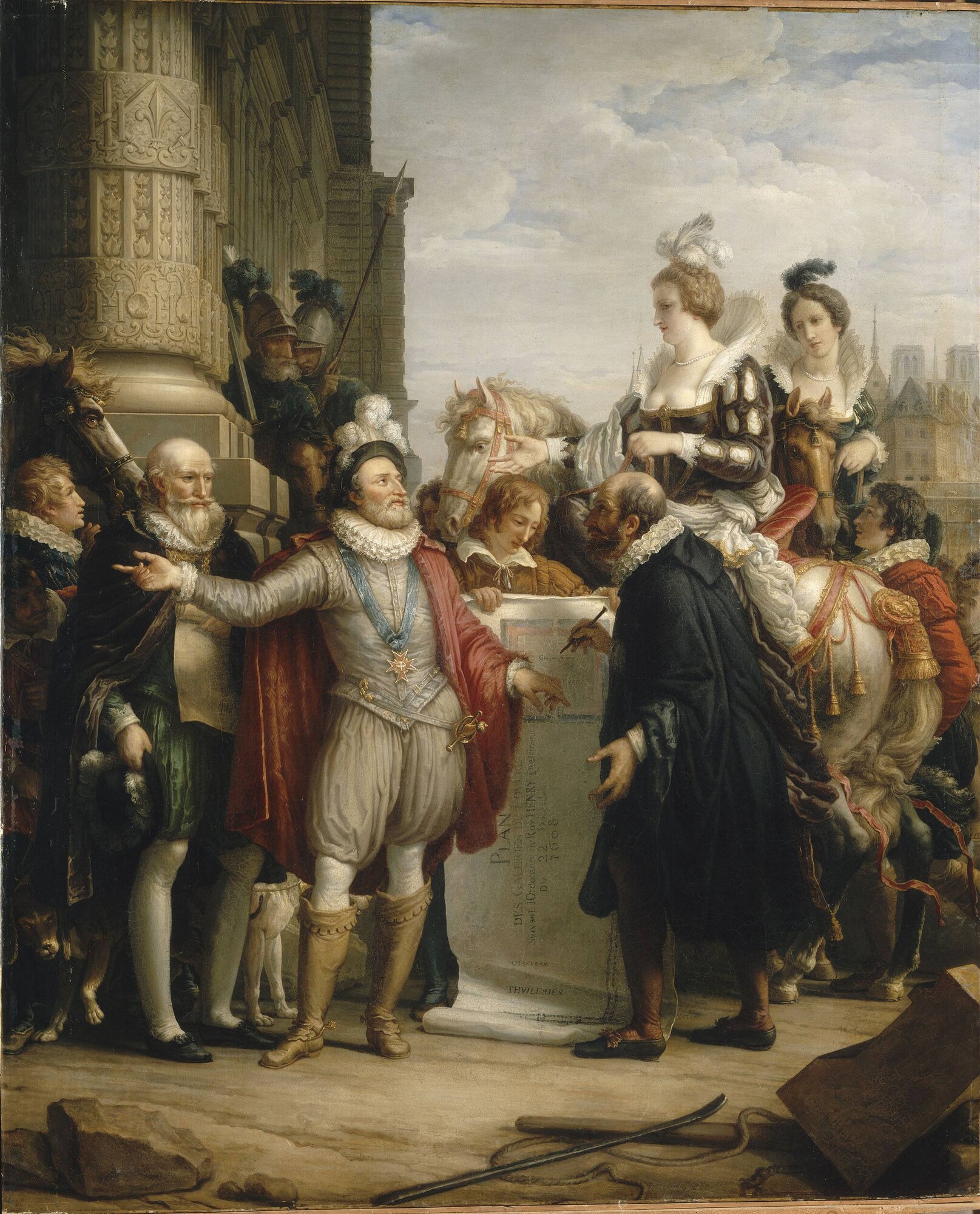 Henri IV being presented with the construction plans for the galleries of the Louvre' Etienne-Barthélémy Garnier (painter)Belot (support provider)