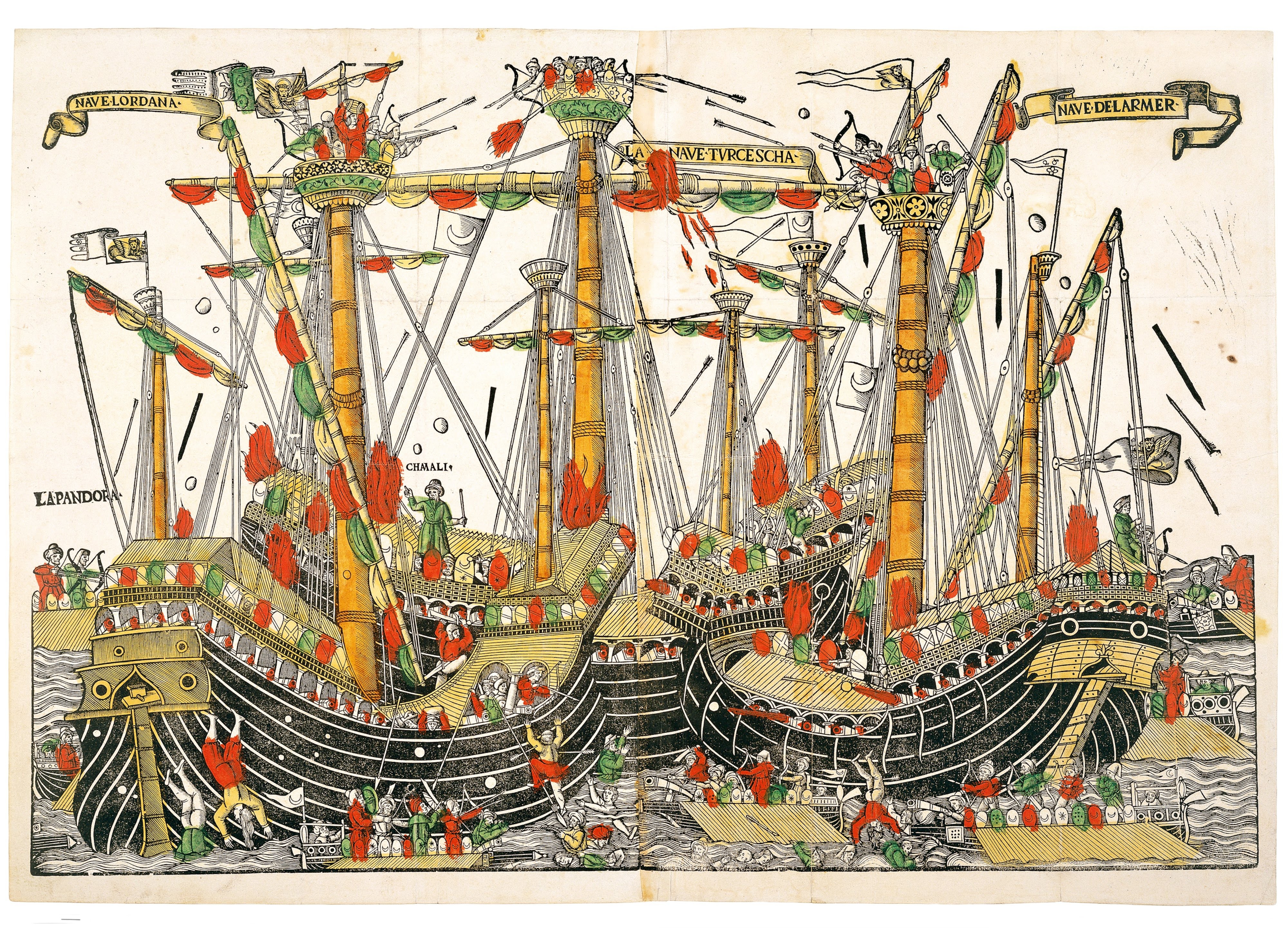 The Battle of Zonchio (Navarino), woodcut coloured using stencils