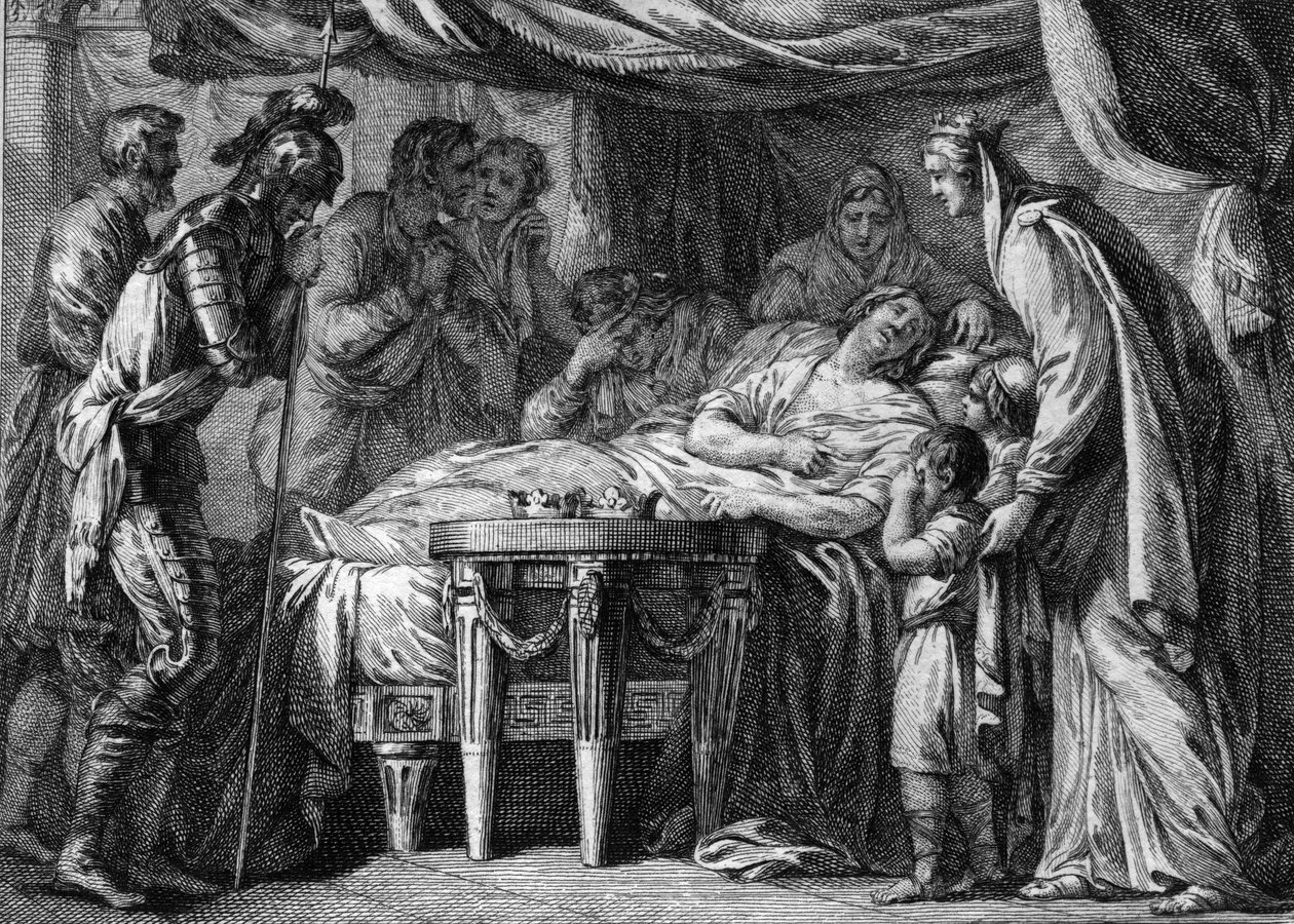 Death of Childebert II, king of Neustria, Orleans and Burgundy, as a result of poisoning Engraving of the 18th century