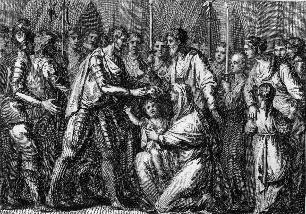 Clotaire II crowned king of Neustria by Gontran I, Fredogrande holds him in her arms