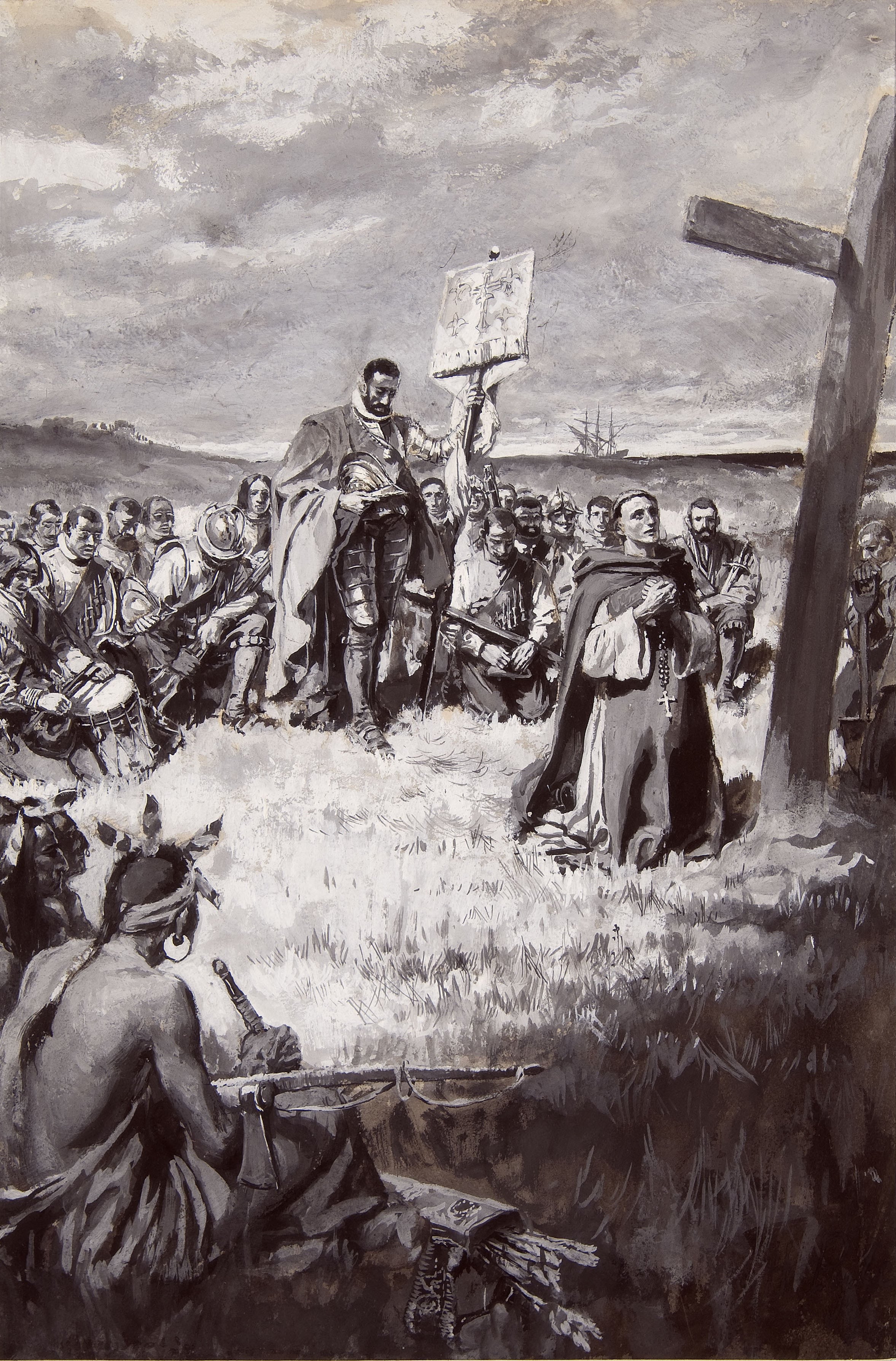 Jacques Cartier setting up a cross at Gaspe