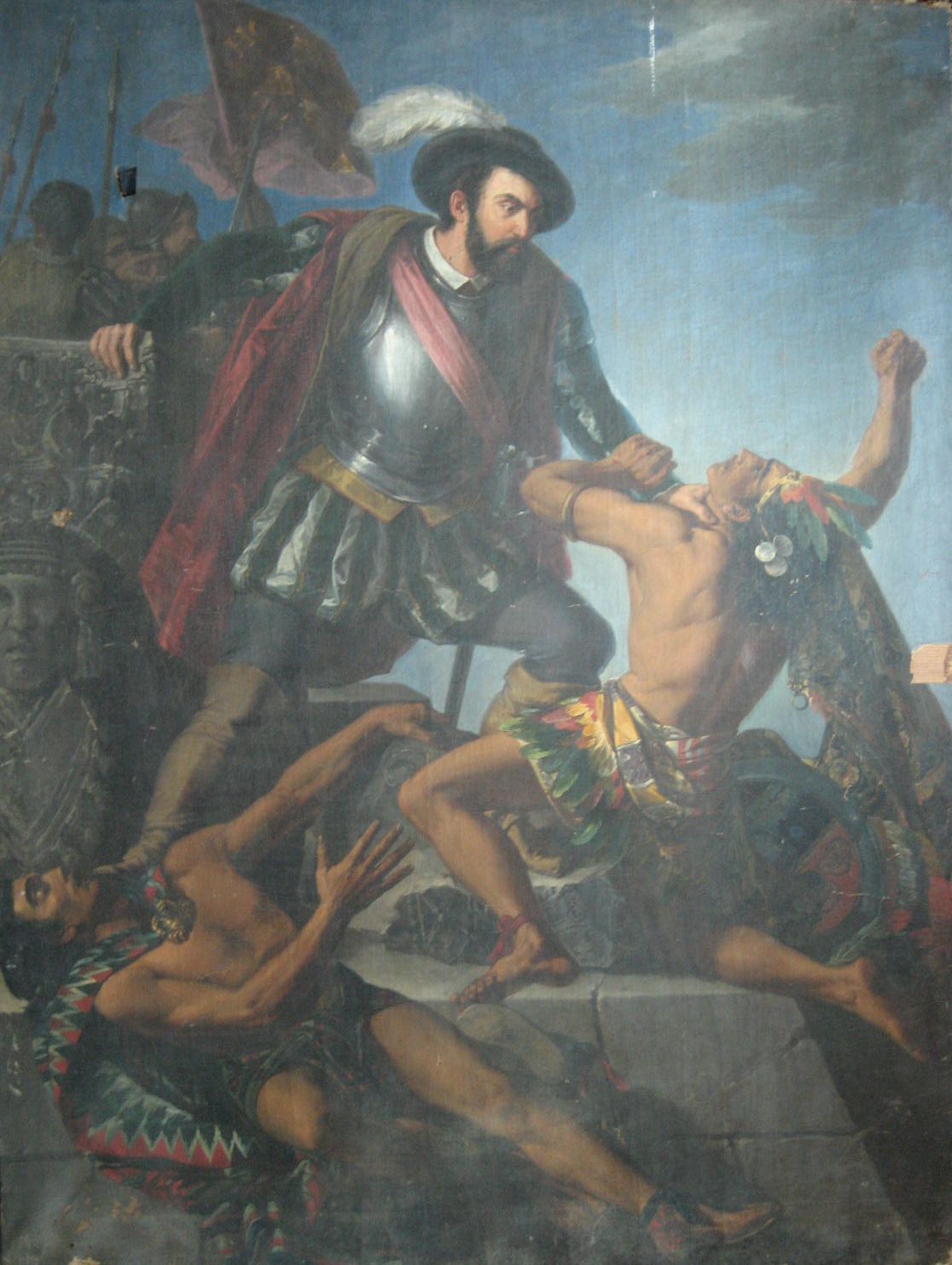 Hernán Cortés fights with two Indians Antoni Gómez i Cros