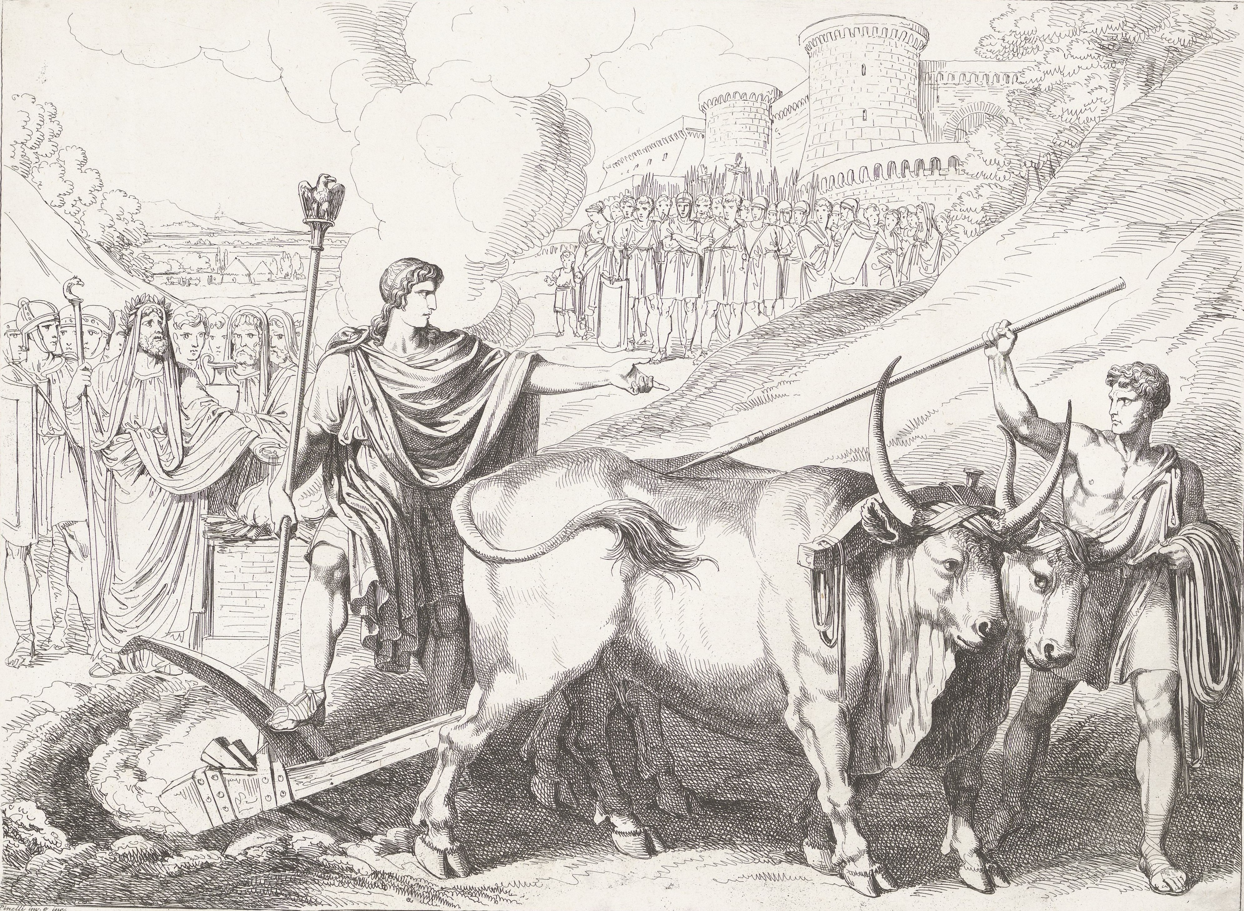 Romulus plows a line around the Palatine Hill