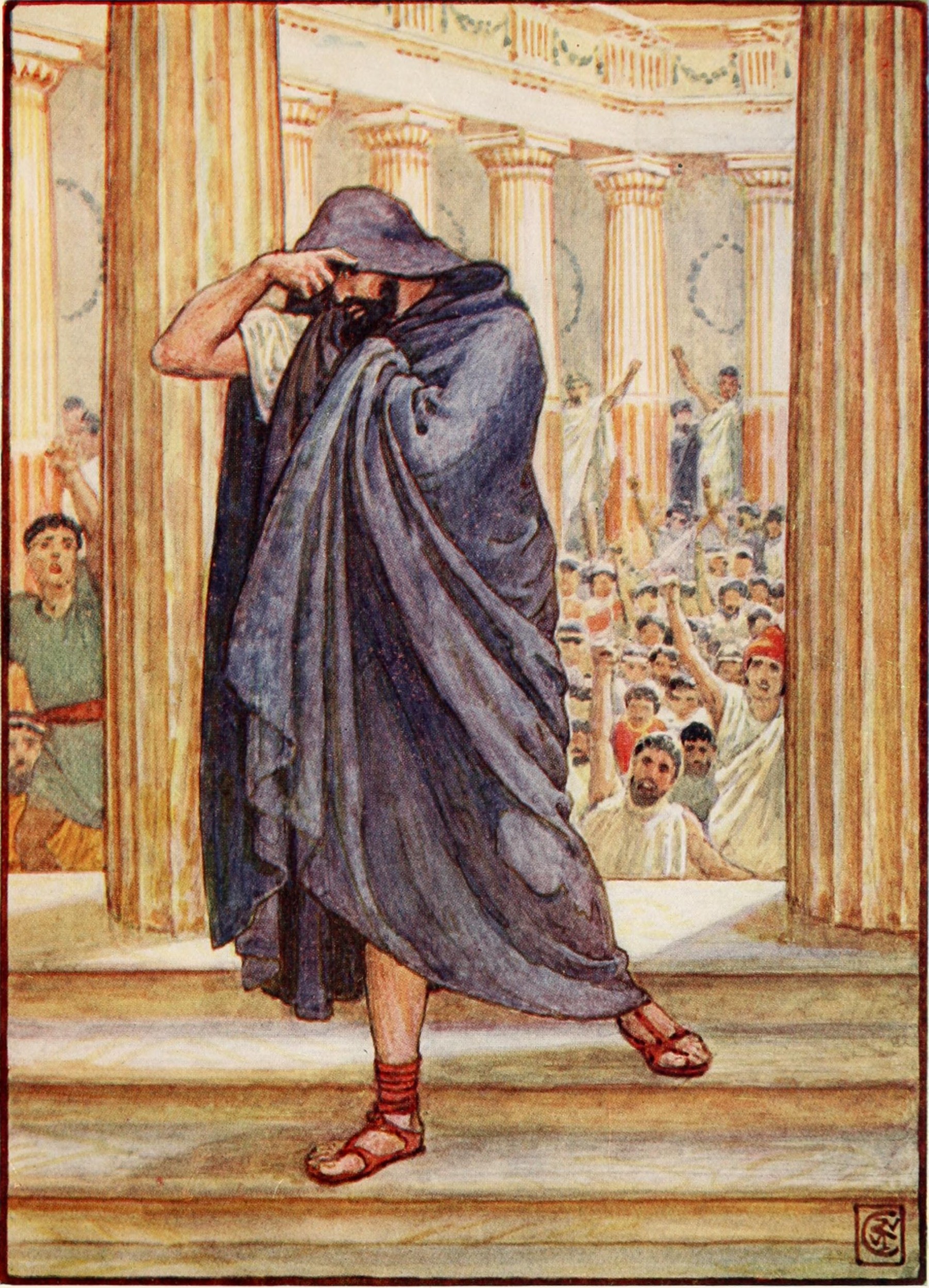 Demosthenes leaves assembly, hiding his face in his cloak