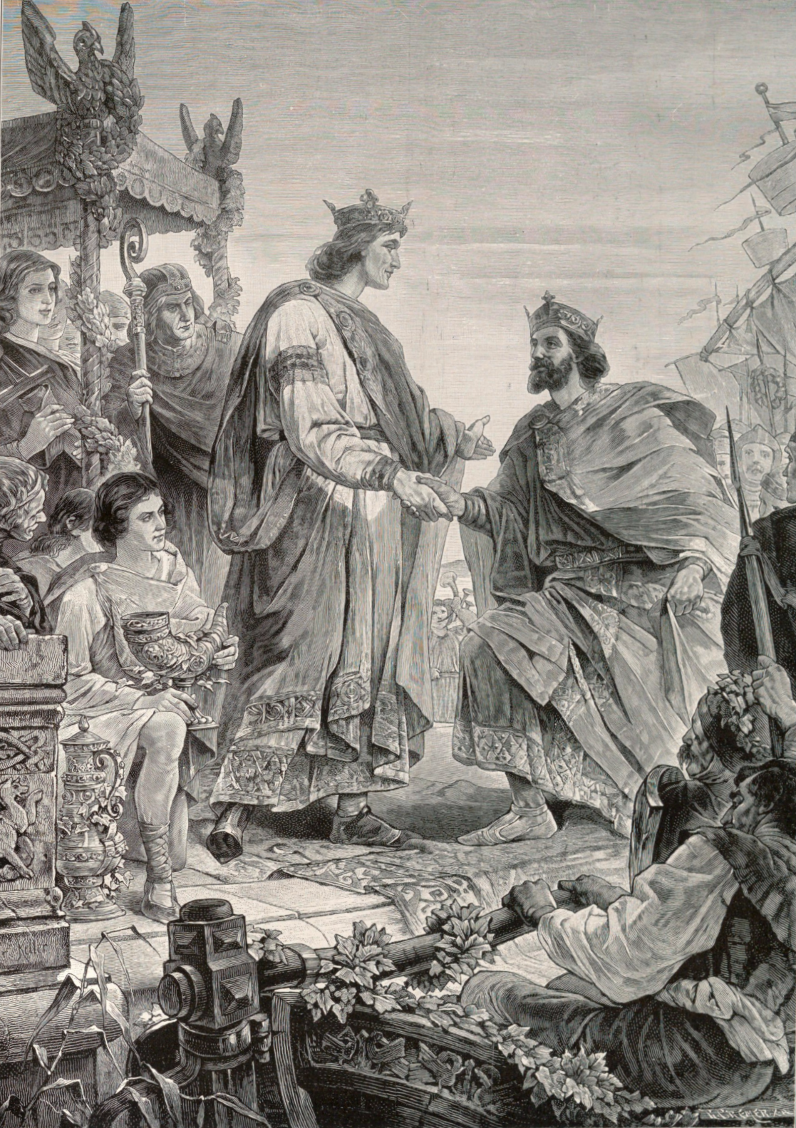 A meeting of Henry I of Germany and Charles III of France for the Treaty of Bonn