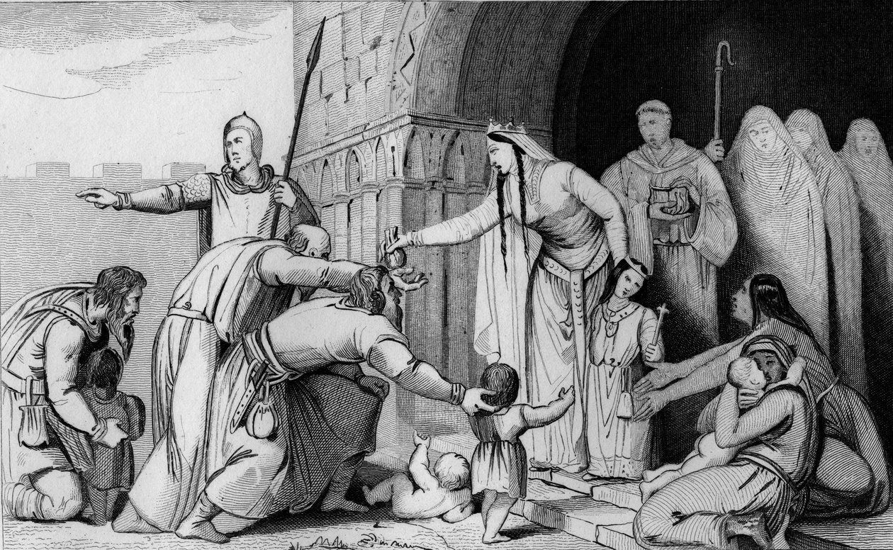 Bathilde abolishes a tribute that the Gauls paid by head, finding that some parents too poor to pay let their newborns die