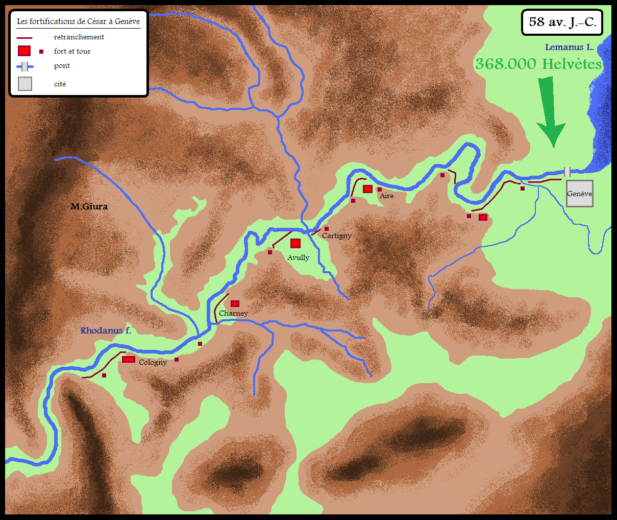 Caesar's fortifications in Geneva against the Helvetii in 58 BC.