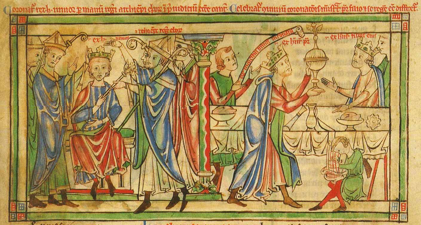 Coronation of Henry the Young King by Roger of York & (R) Henry II serves his son at the coronation feast