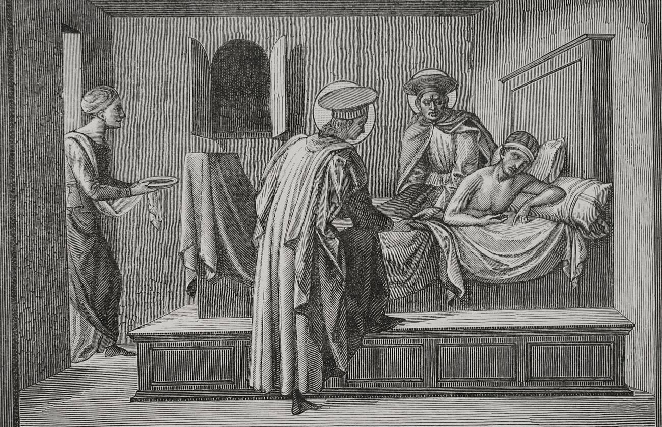 St Cosmas and St Damian visiting a sick person and administering aid
