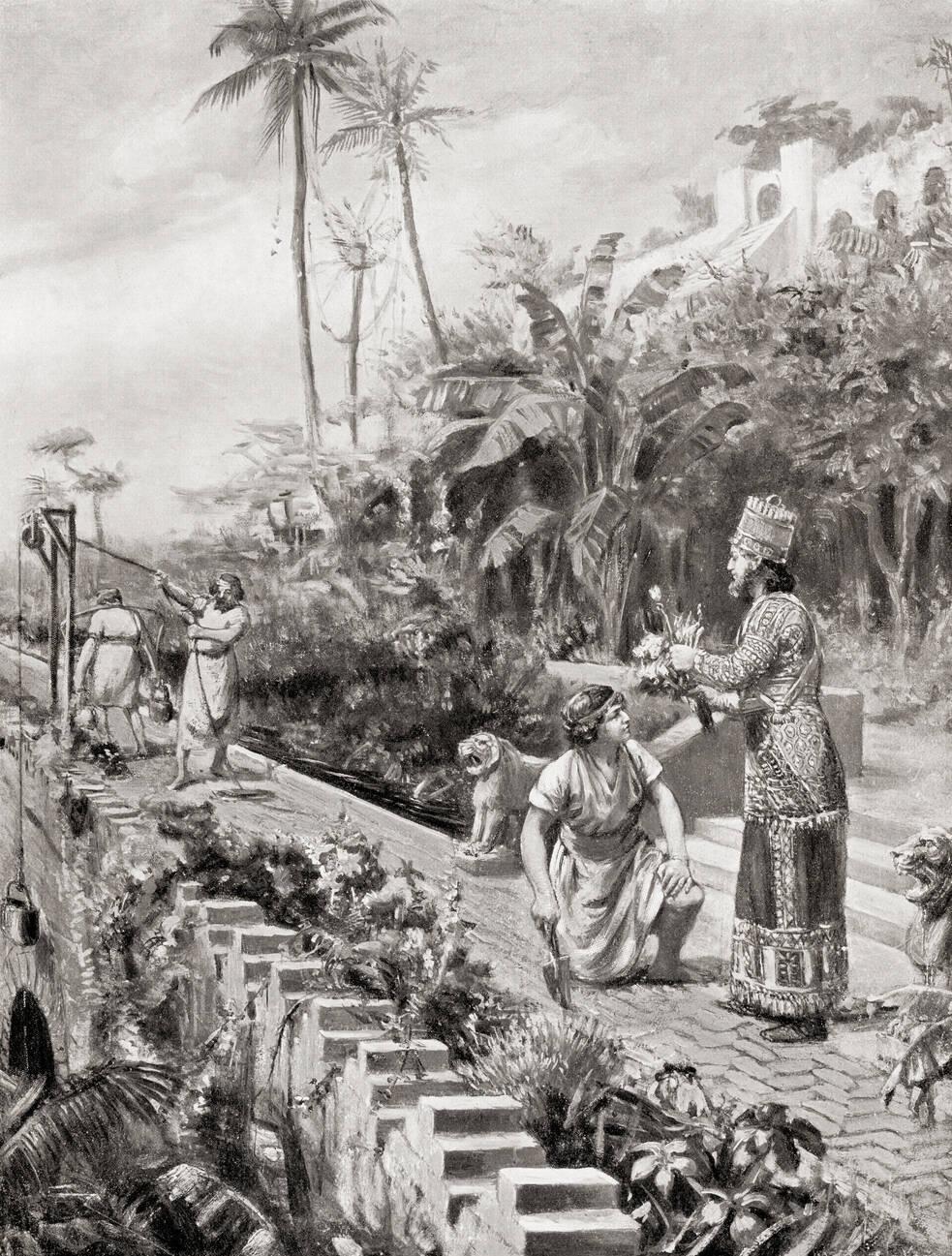 The Hanging Gardens of Babylon Nebuchadnezzar II inspectiong a rare flower which his head gardener is about to plant
