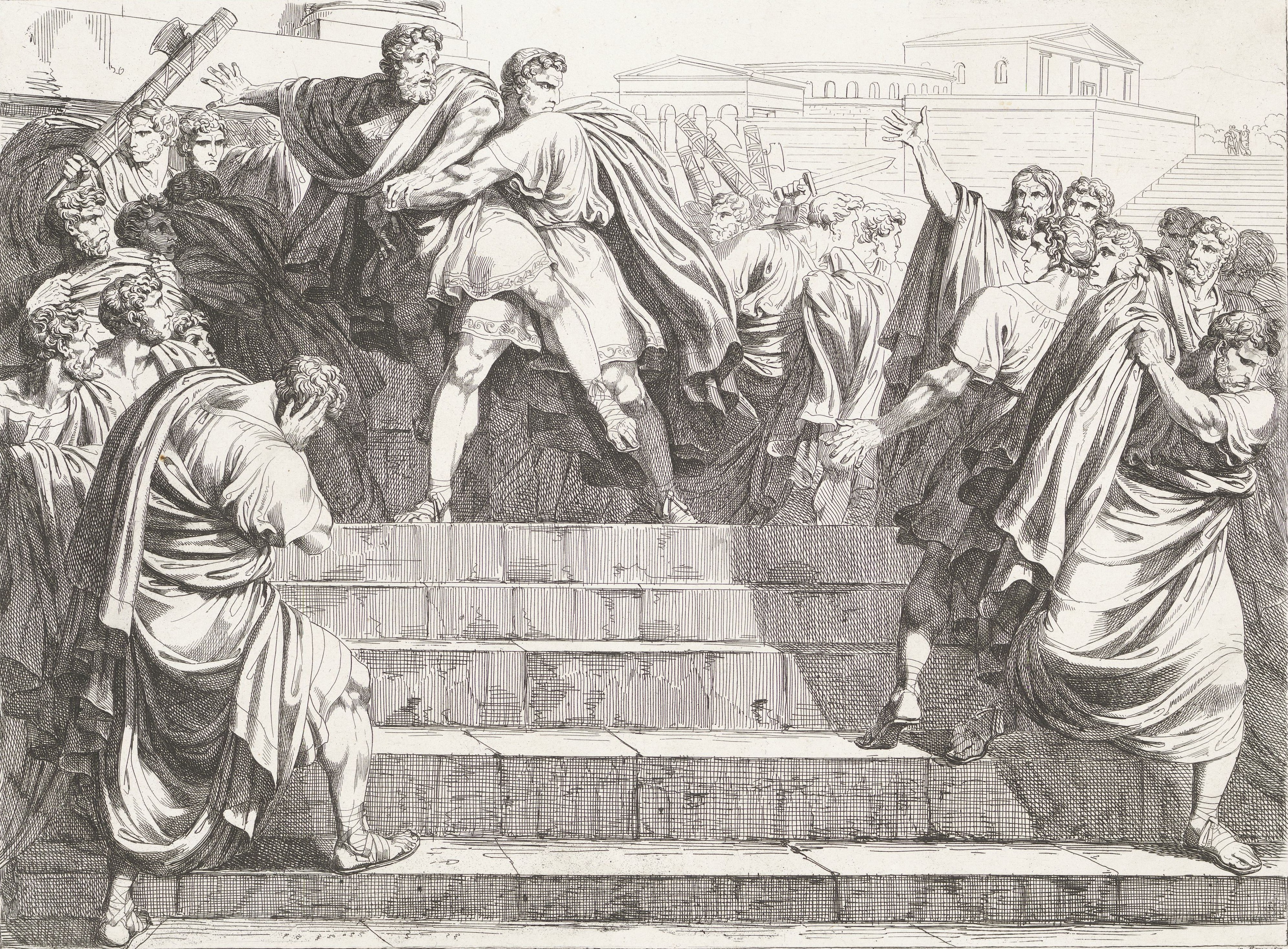 Tarquinius throws Tullius down the steps of the Capitol