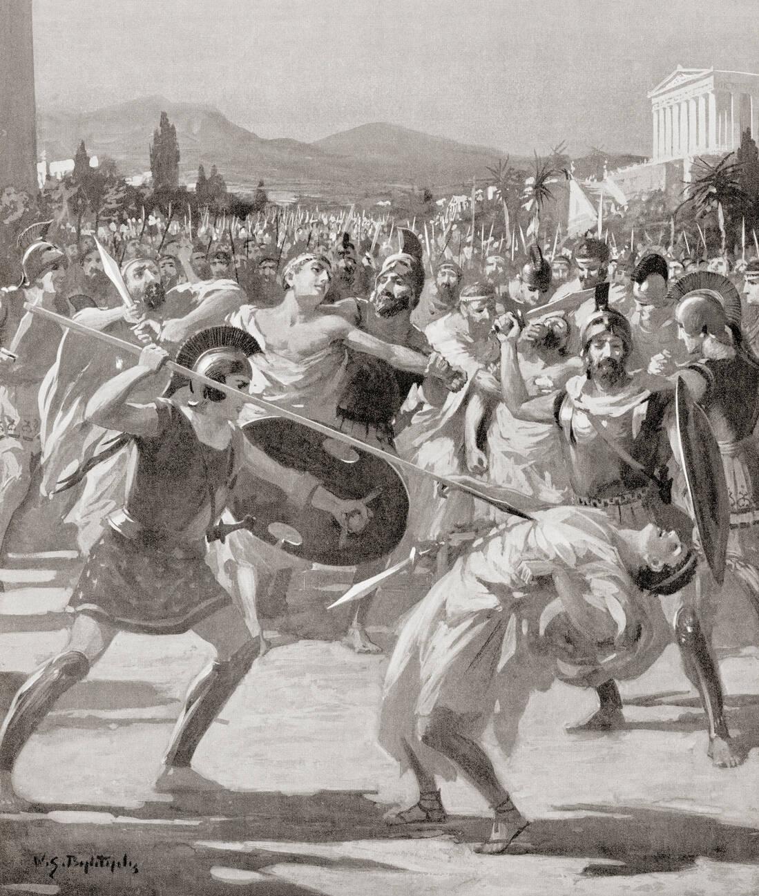 The assassination of Hipparchus or Hipparch by the tyrannicides, Harmodius and Aristogeiton