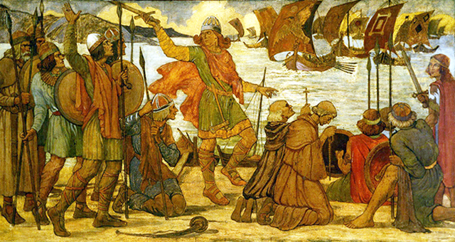 Irish warriors preparing to oppose the landing of a Viking fleet at Dublin