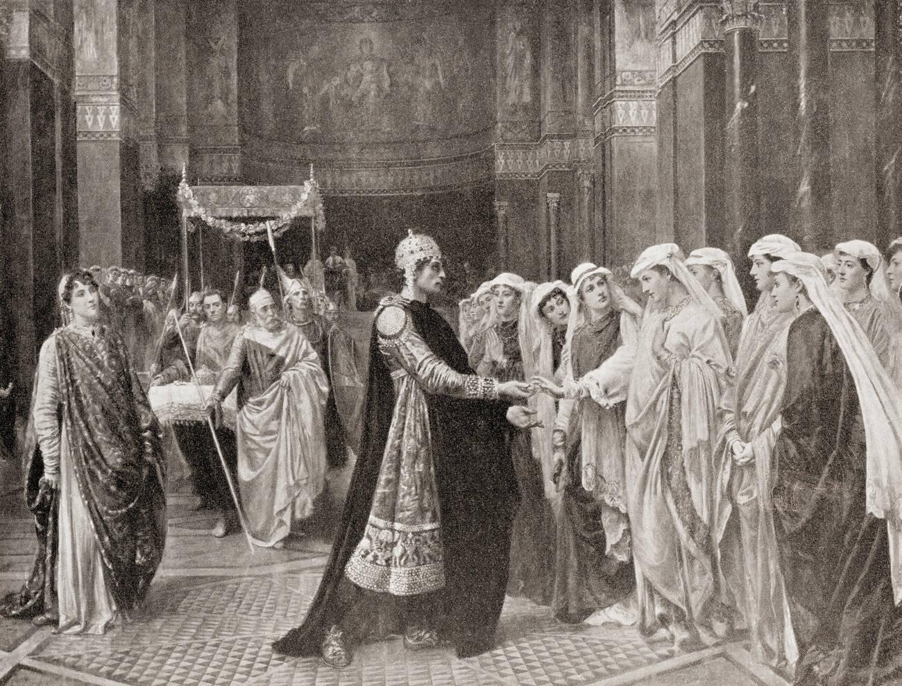 Theophilos choosing his future bride Theodora at a great bride-show arranged for him by his stepmother Euphrosyne