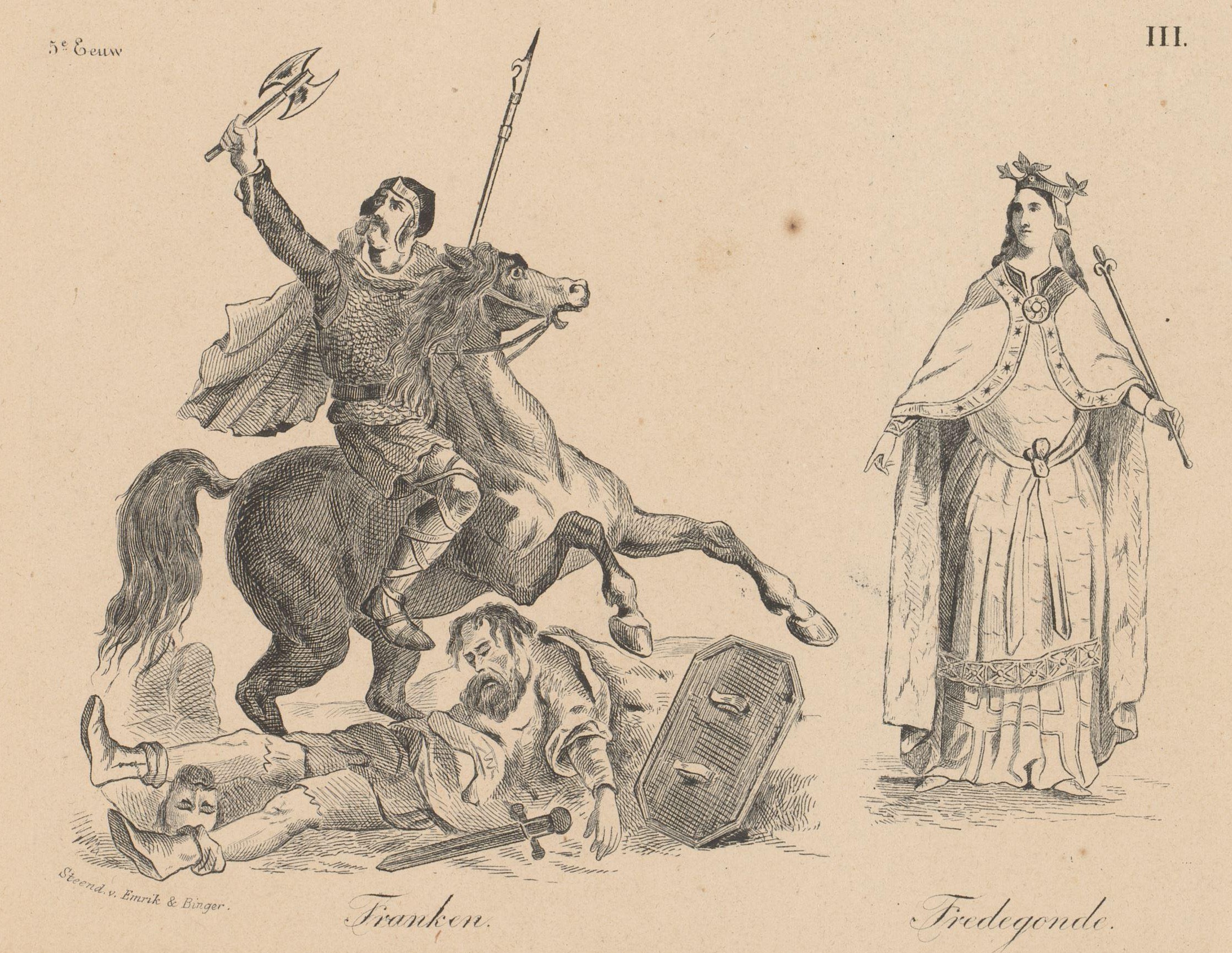 Chilperic I on horseback and Fredegonde