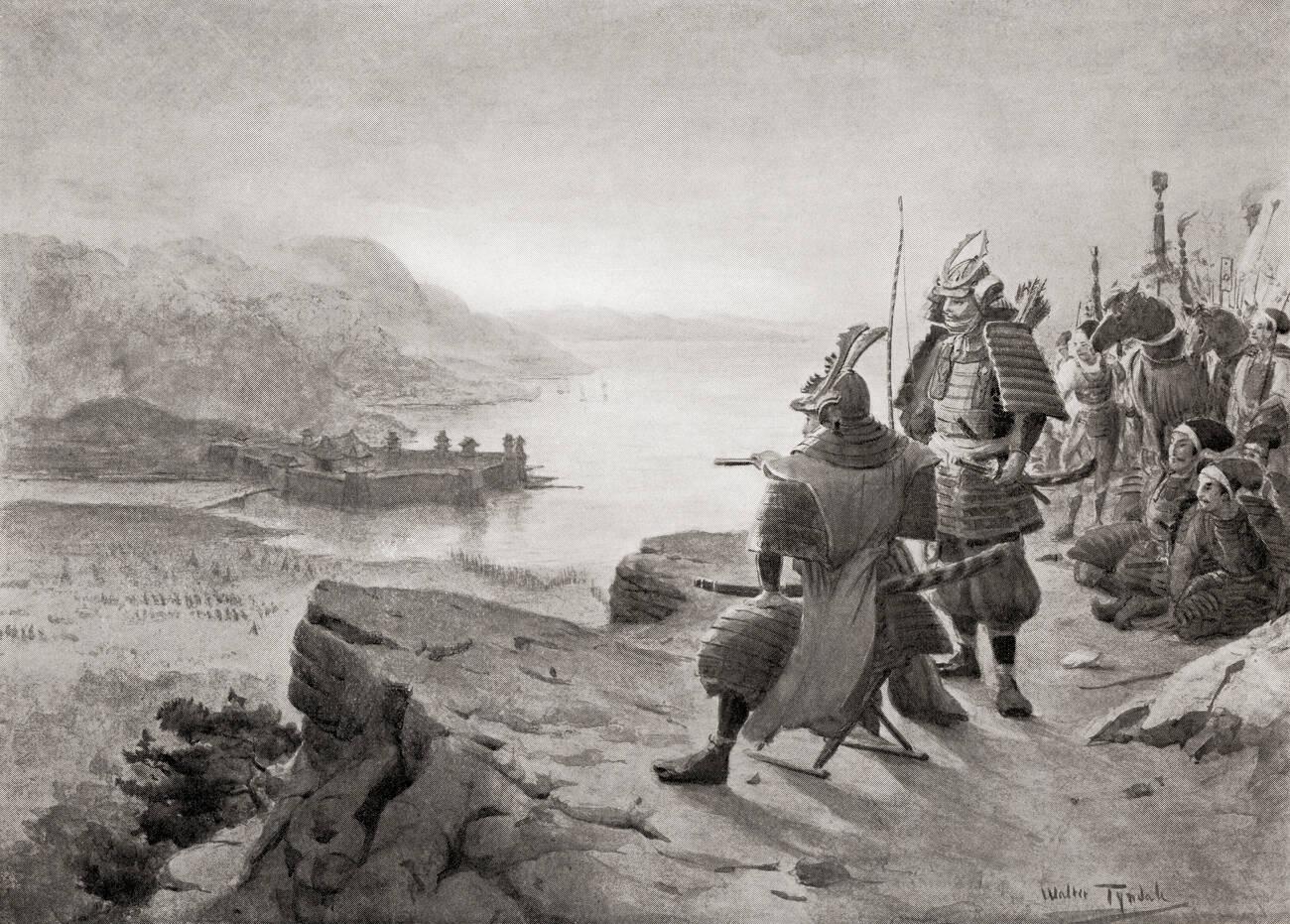 Yoshitsune inspecting the defences of the Taira Army during the Genpei War