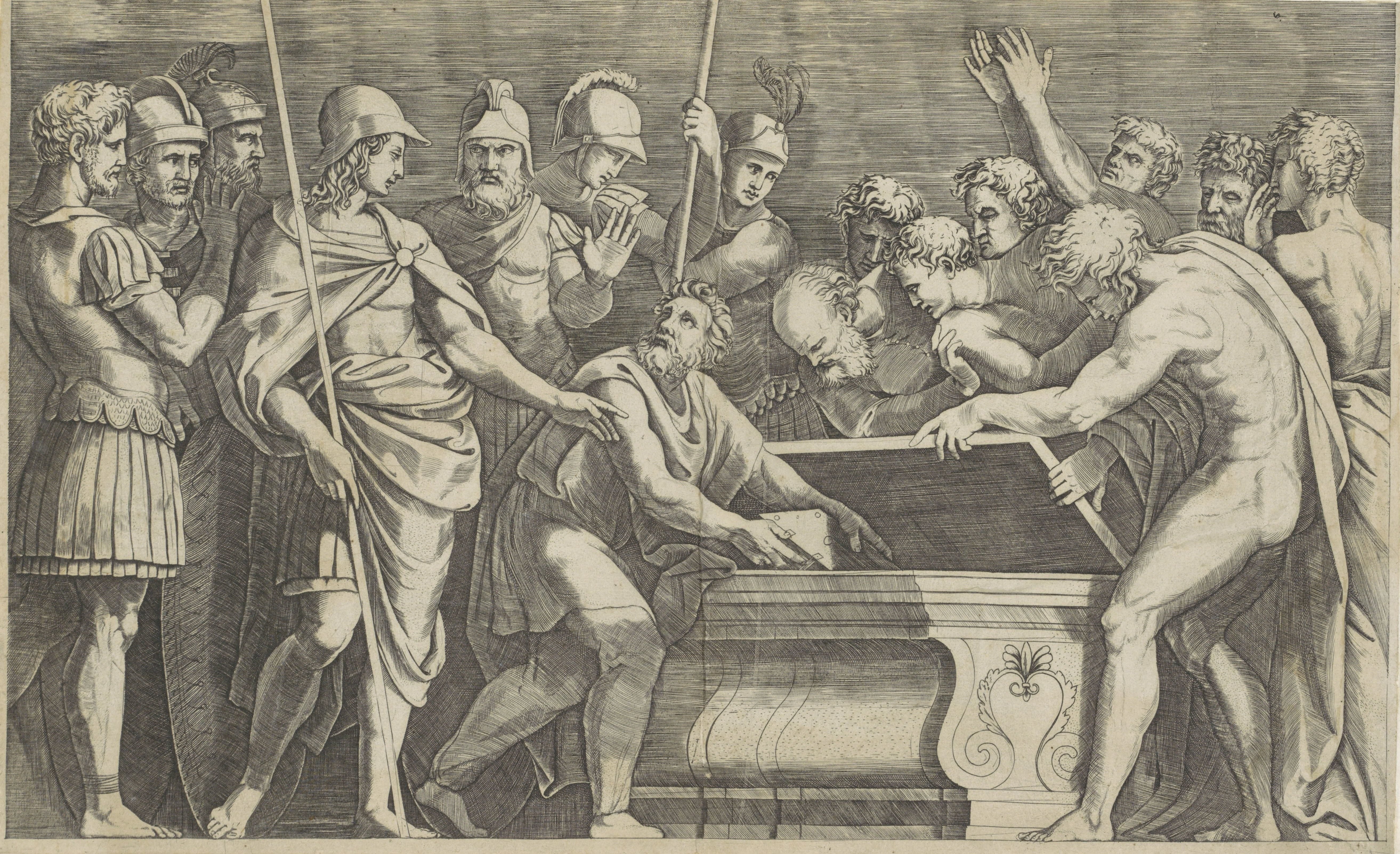 Alexander the Great with lance, surrounded by soldiers, orders an old man to store the written works of Homer in the chest of Darius