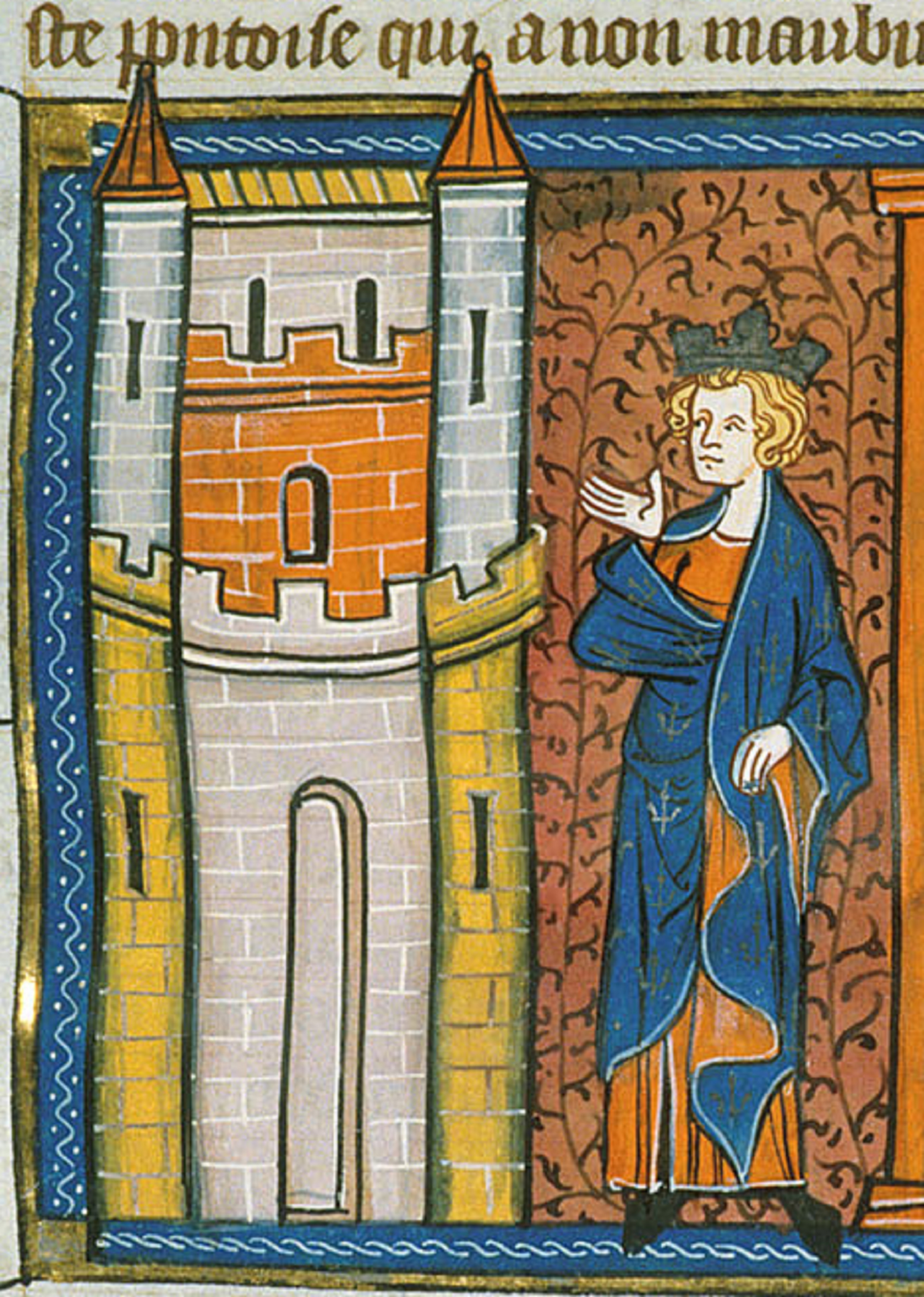 Louis IX in front of fortress, from Chroniques de France ou de St Denis, 14th century
