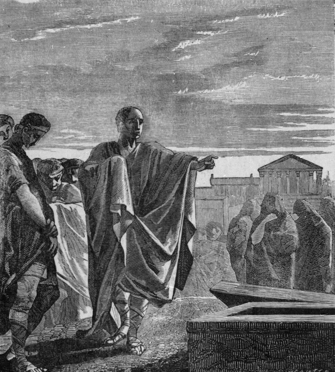 Julius Caesar delivers the funeral oration for his wife Cornelia