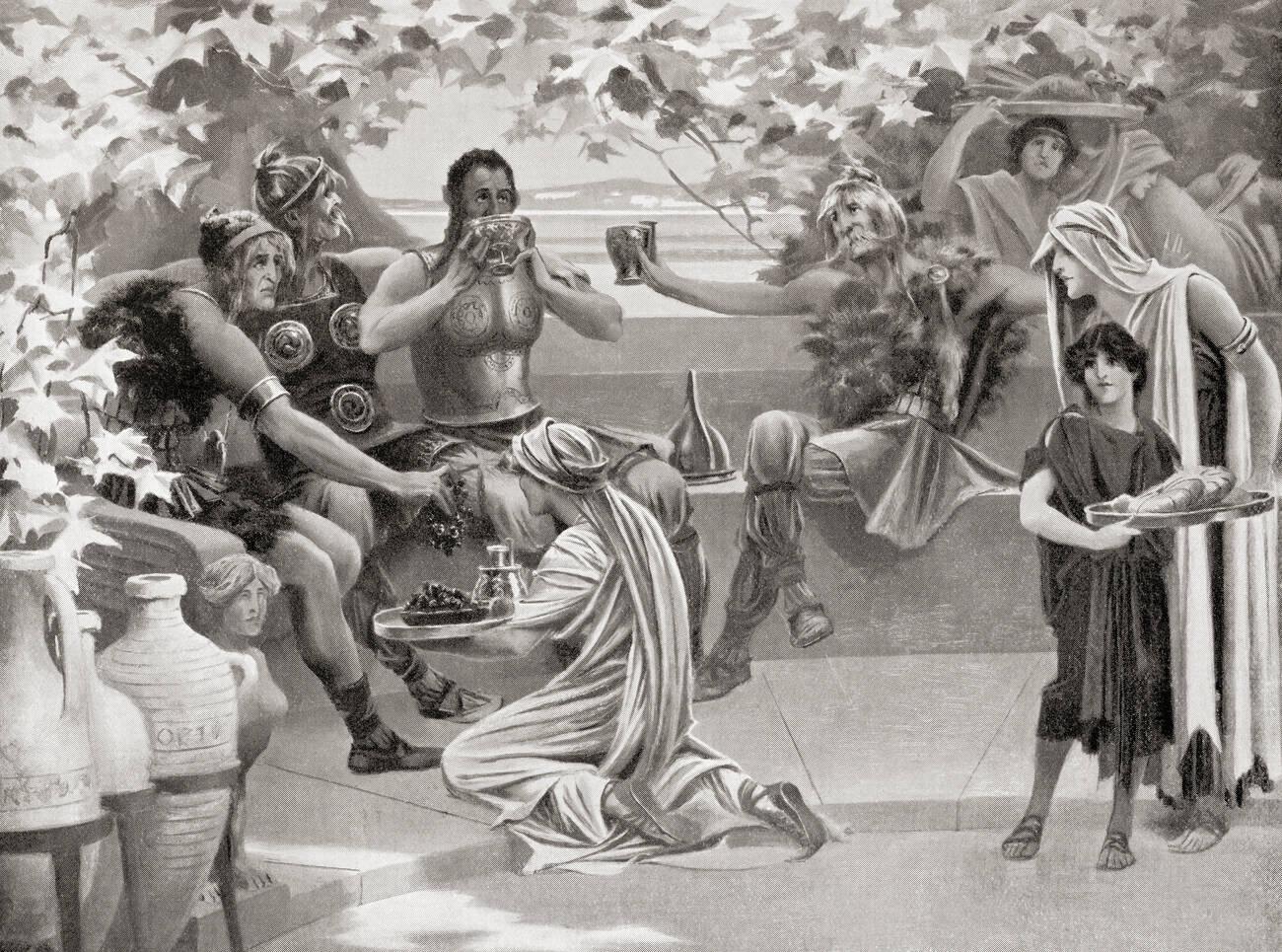 Goths seen surrounded by slaves, drinking wine at a country villa in ancient Rome, 4th century AD